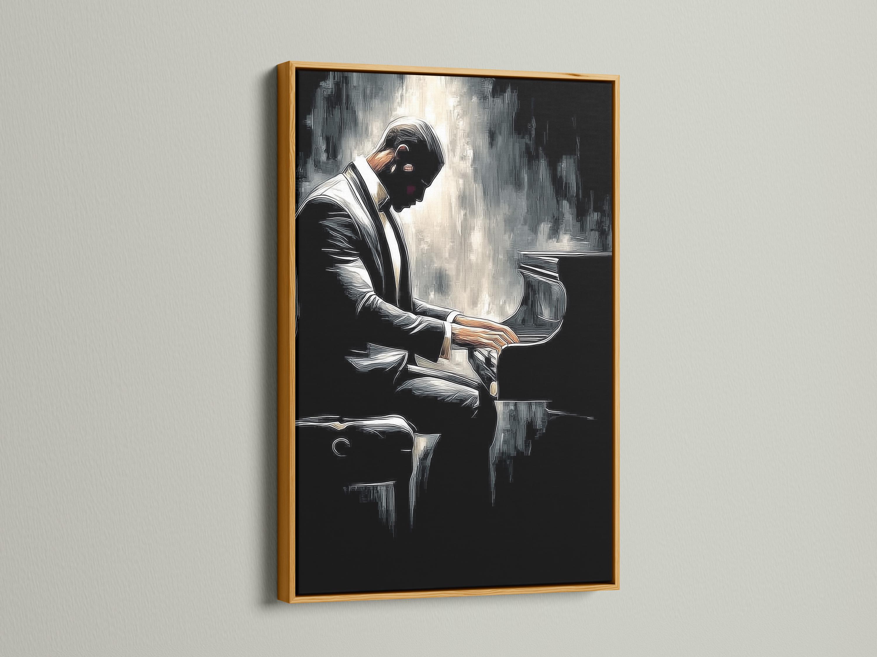Black and white illustration of a pianist playing a grand piano in profile detail view