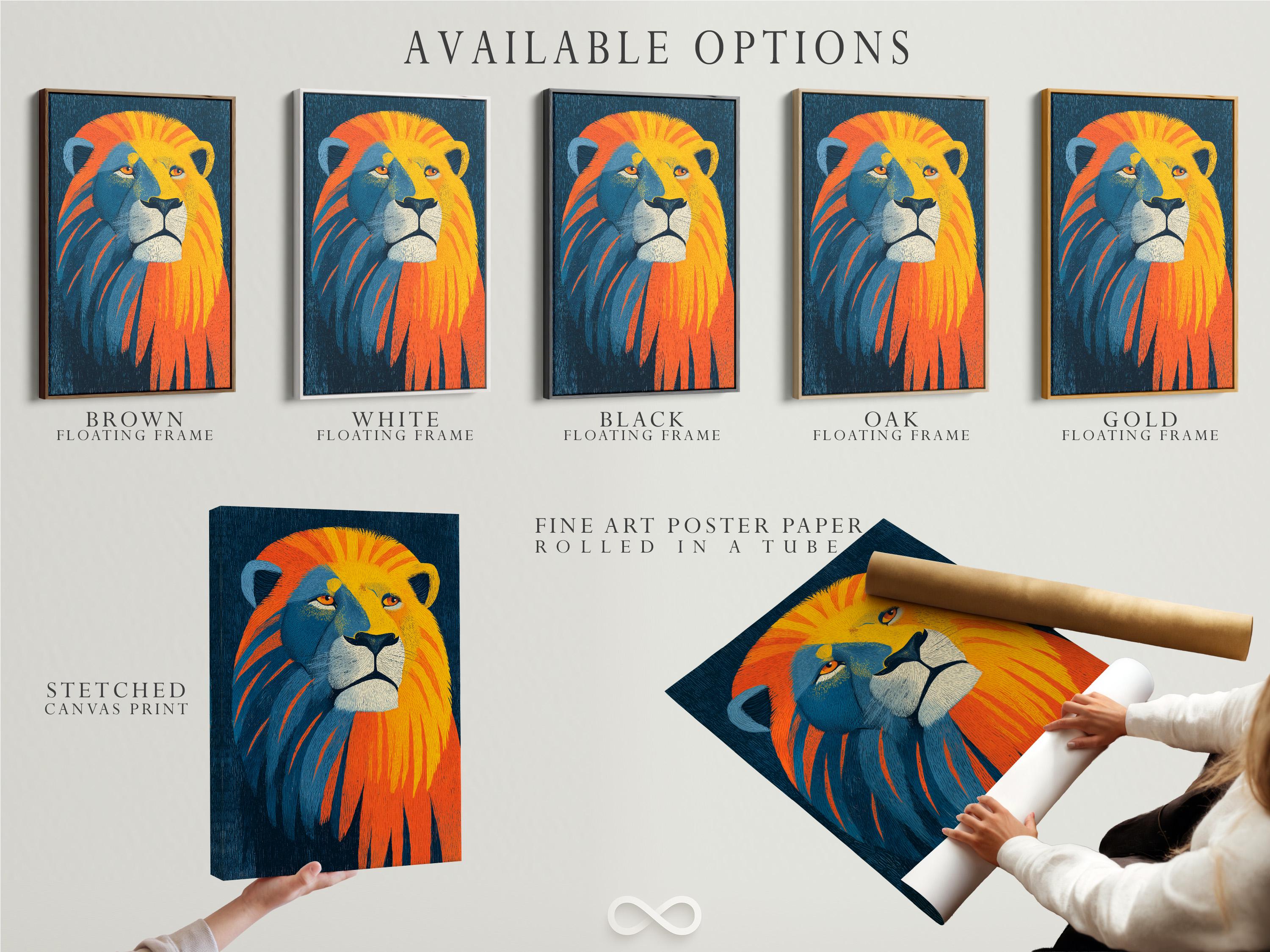 Stylised lion portrait in blue with orange and yellow mane streaks detail view