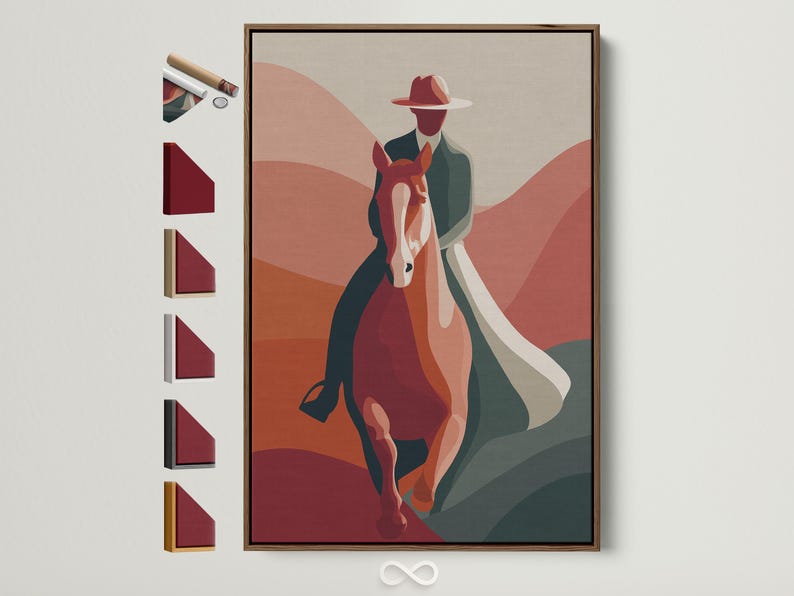 Stylised cowboy in a red hat riding a rearing horse against terracotta desert hills