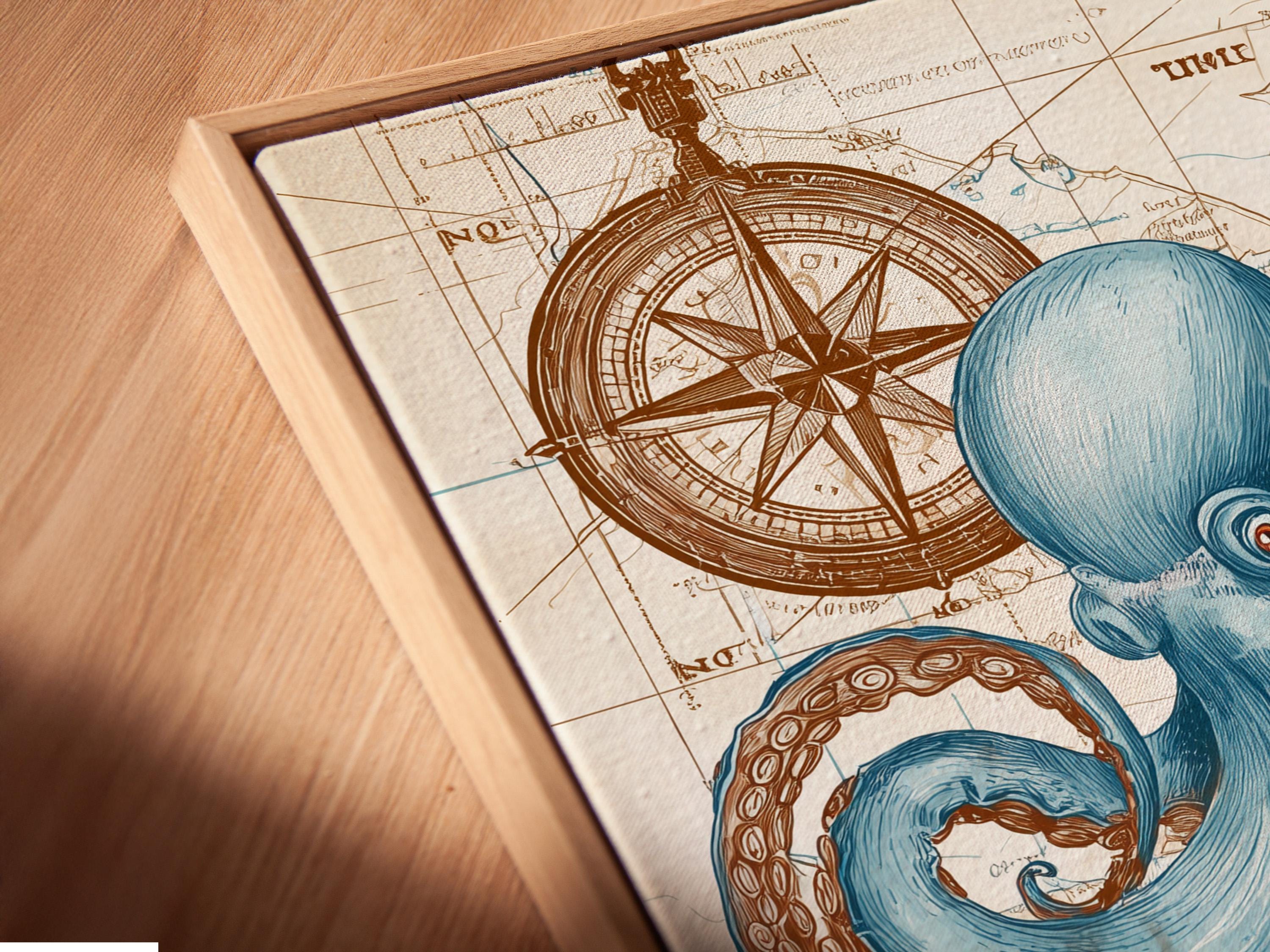 Blue octopus with curled tentacles over an antique map with compass rose motifs detail view