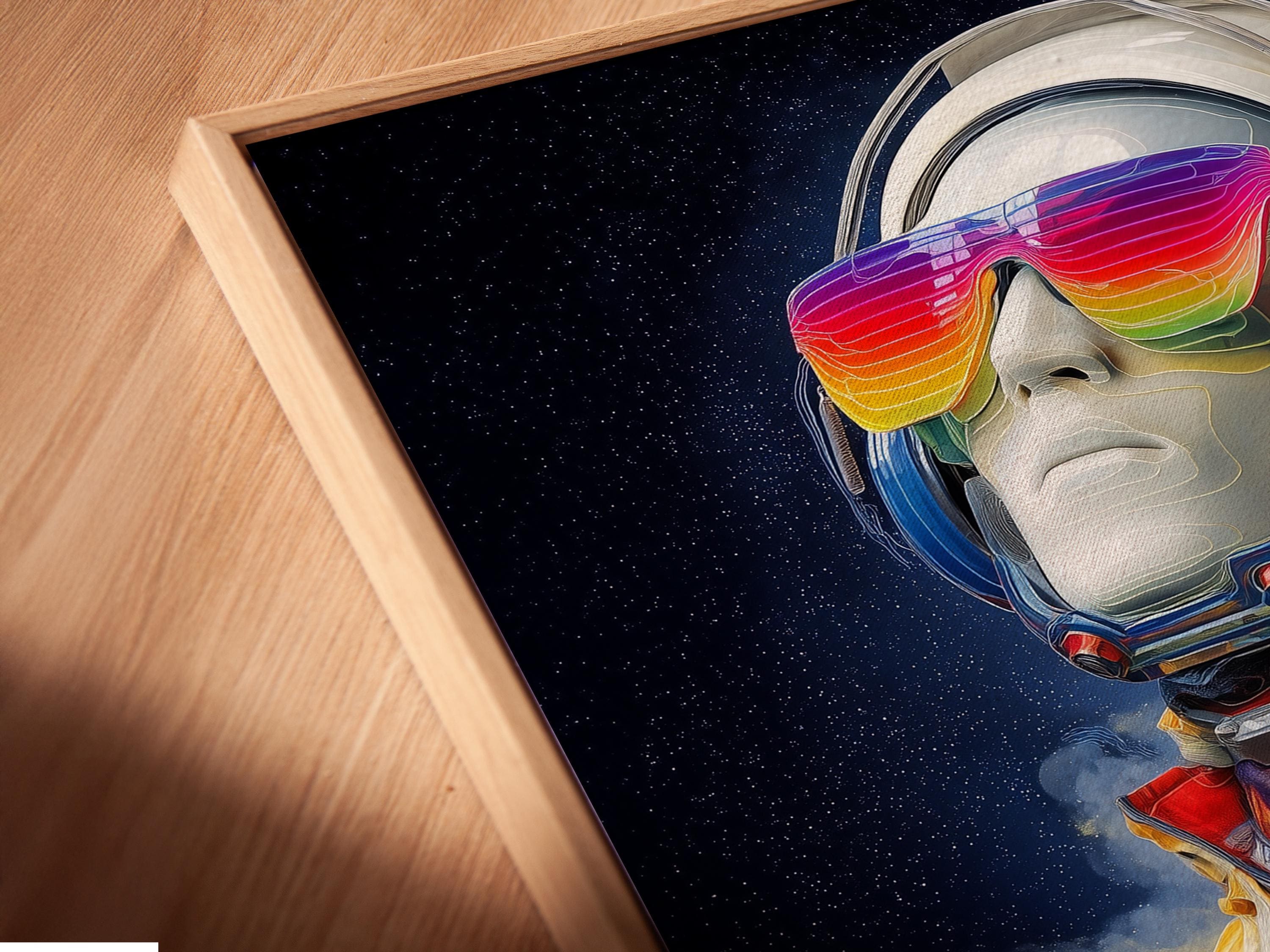 Futuristic astronaut standing in a desert under a dark starry sky with rainbow colours on the helmet and suit detail view