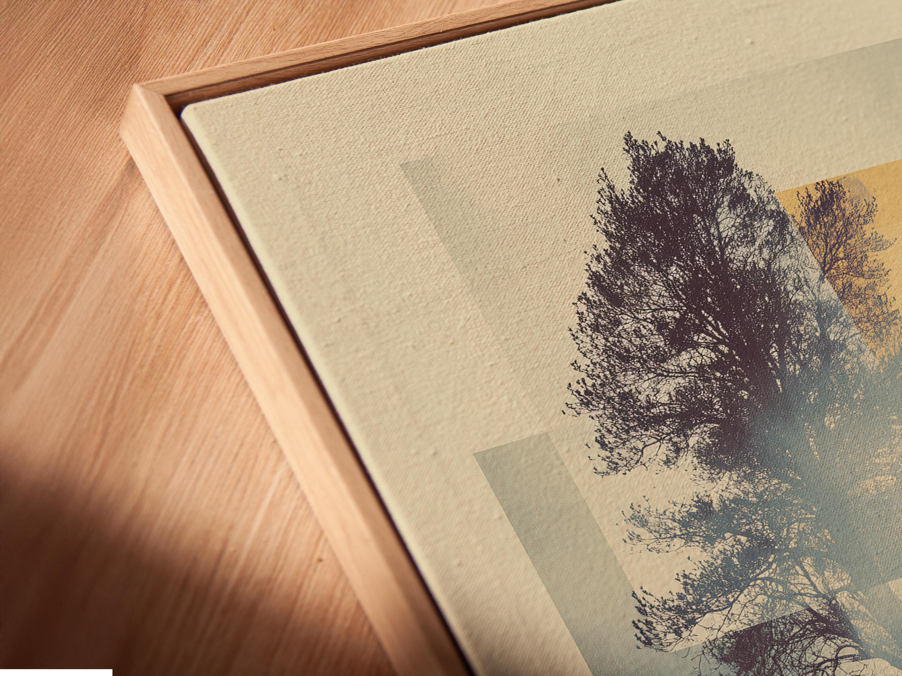 Abstract tree landscape with a lone tree silhouette and geometric beige, grey-blue and burgundy blocks detail view