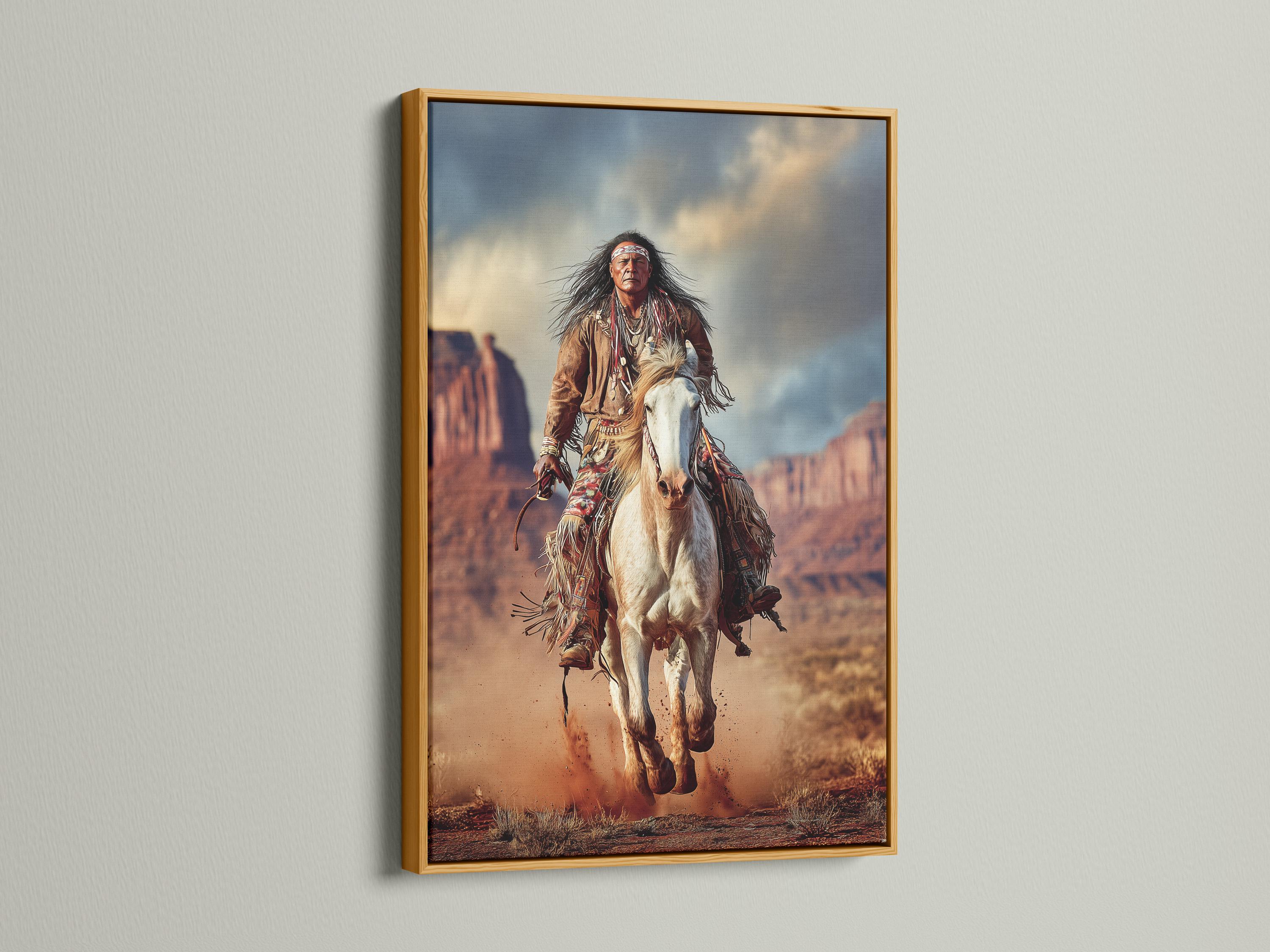 Artwork featuring a rider on a white horse charging through a dusty desert landscape, shown in a room mockup
