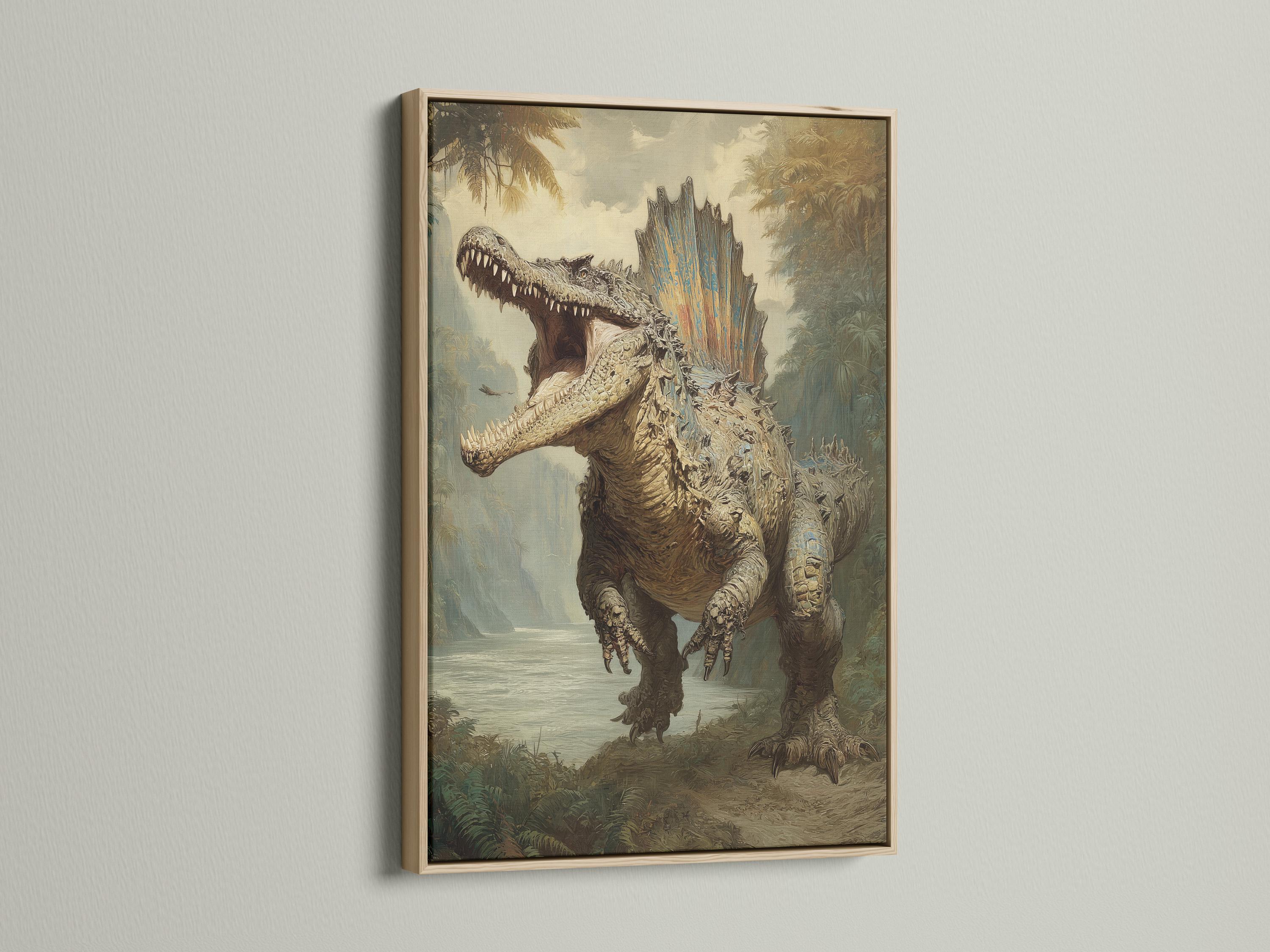Prehistoric dinosaur artwork with open mouth in a misty jungle scene detail view