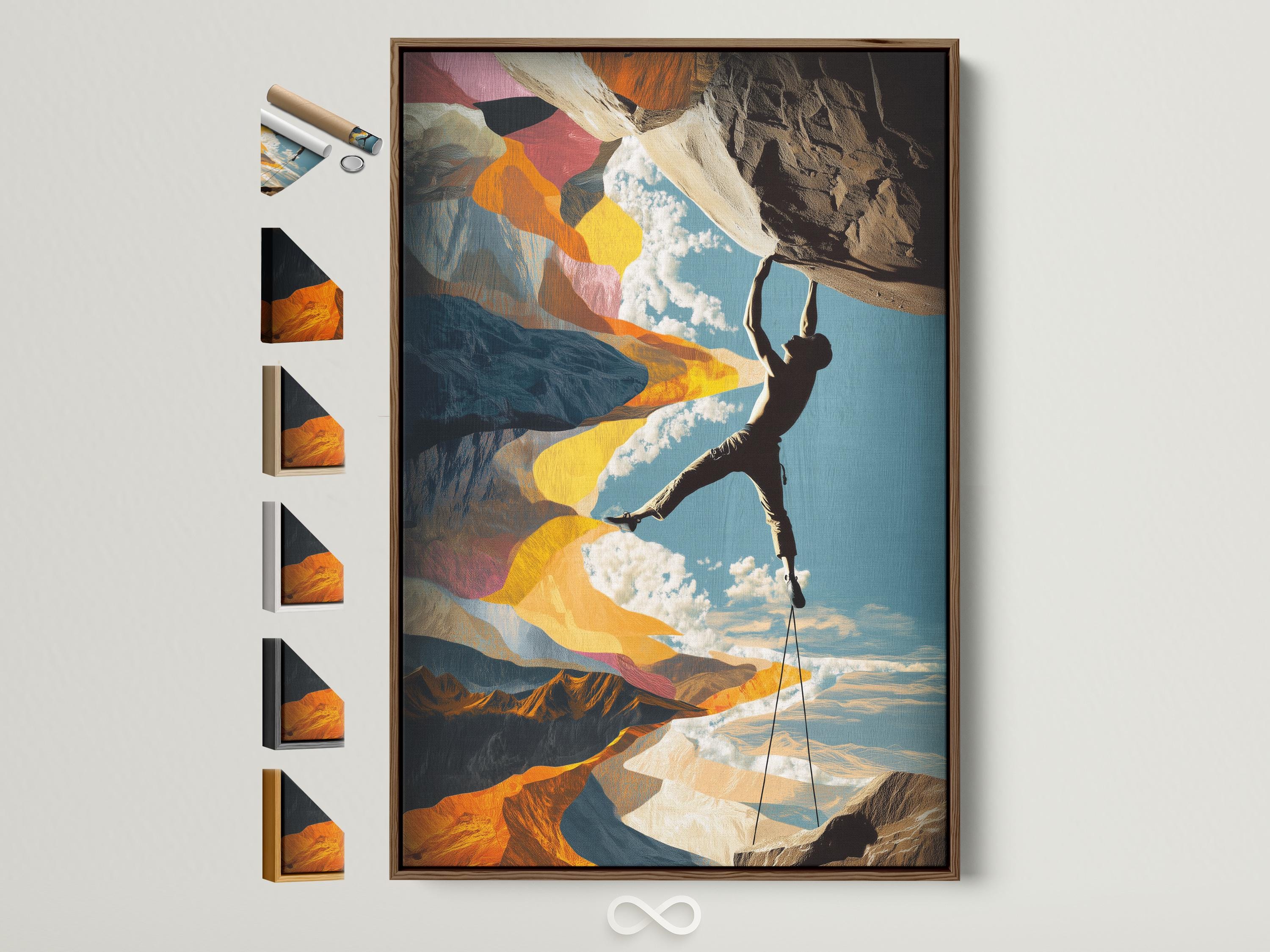 Man sitting near a bench and climbing gear beside a framed climbing artwork on a concrete wall