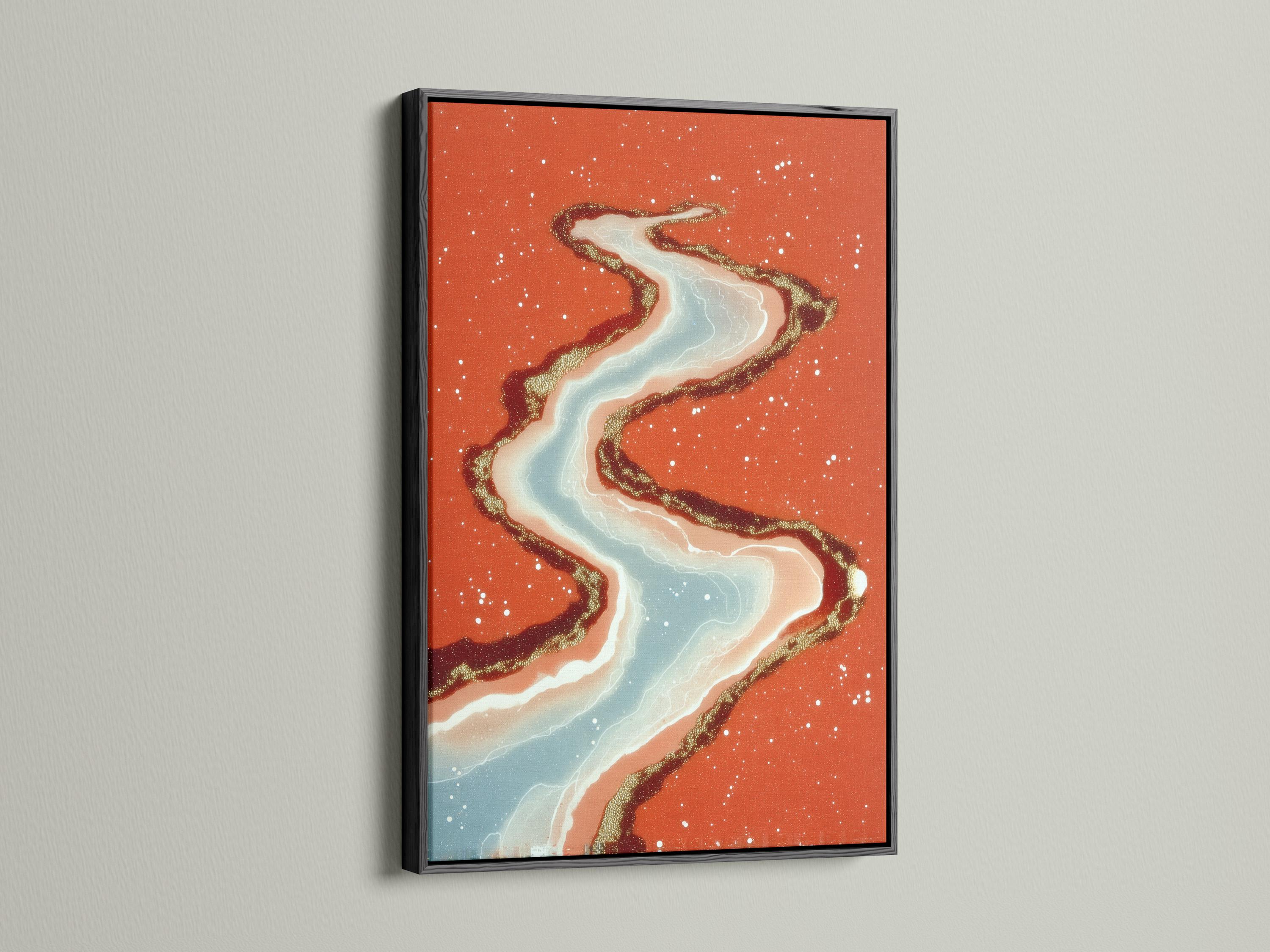 Abstract river ribbon in pale blue and cream with gold speckles over a terracotta background detail view