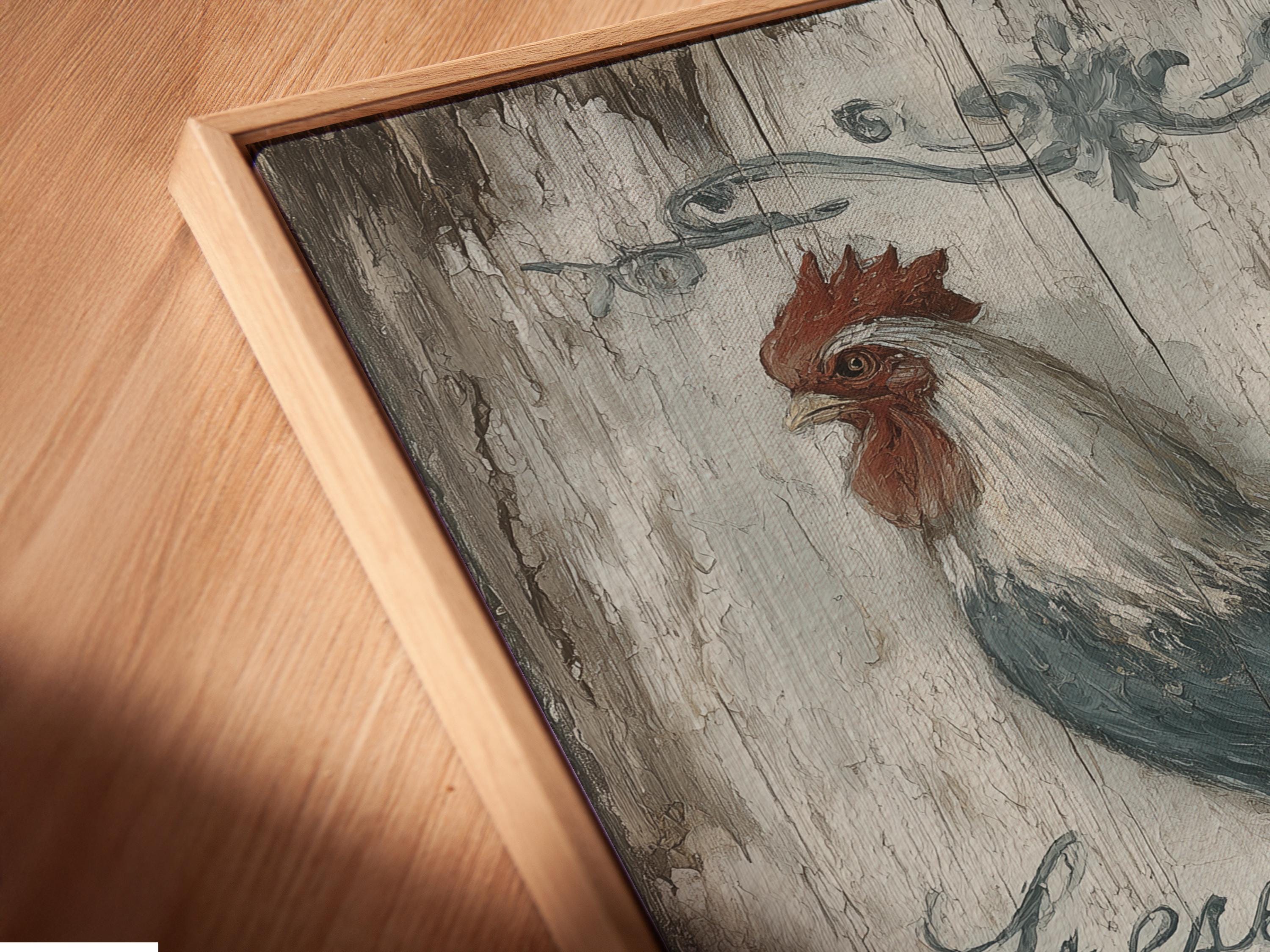 Rooster illustration above distressed text reading “FRESH EGGS DAILY” on a cracked grey background detail view
