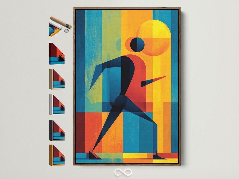 Geometric runner figure in red, blue, teal and yellow with a sun-like circle background