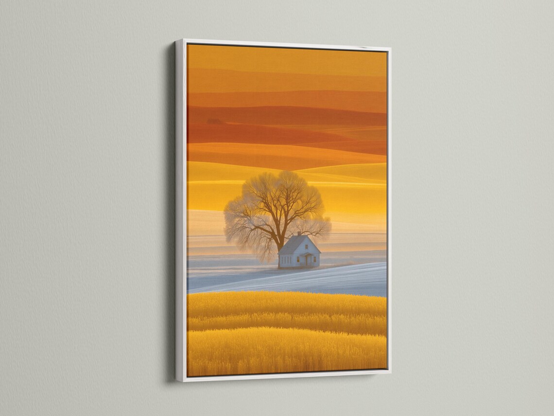 Golden sunset countryside landscape with a leafless tree and a small farmhouse detail view