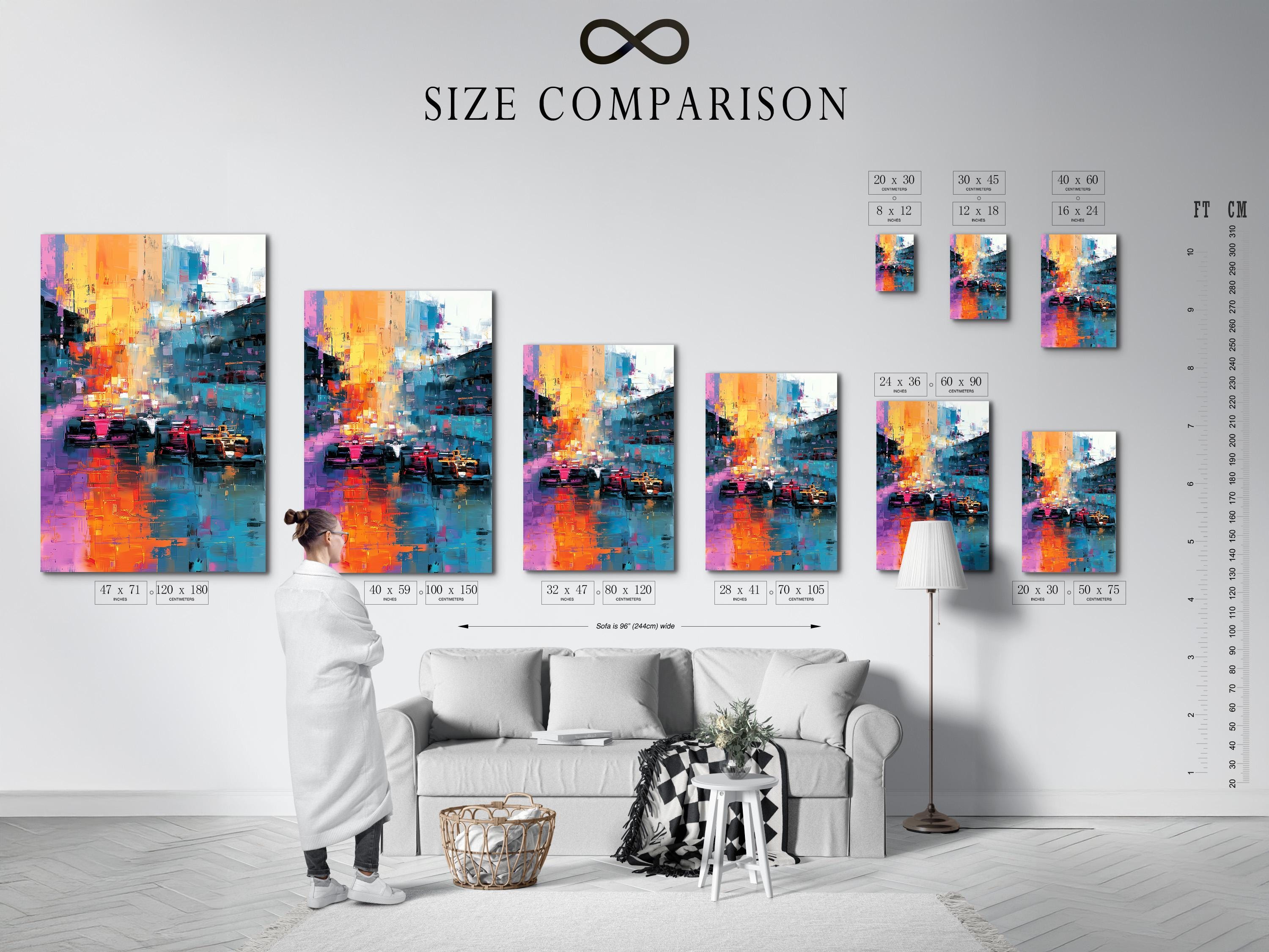 Room mockup with a large framed abstract cityscape artwork above a seating area
