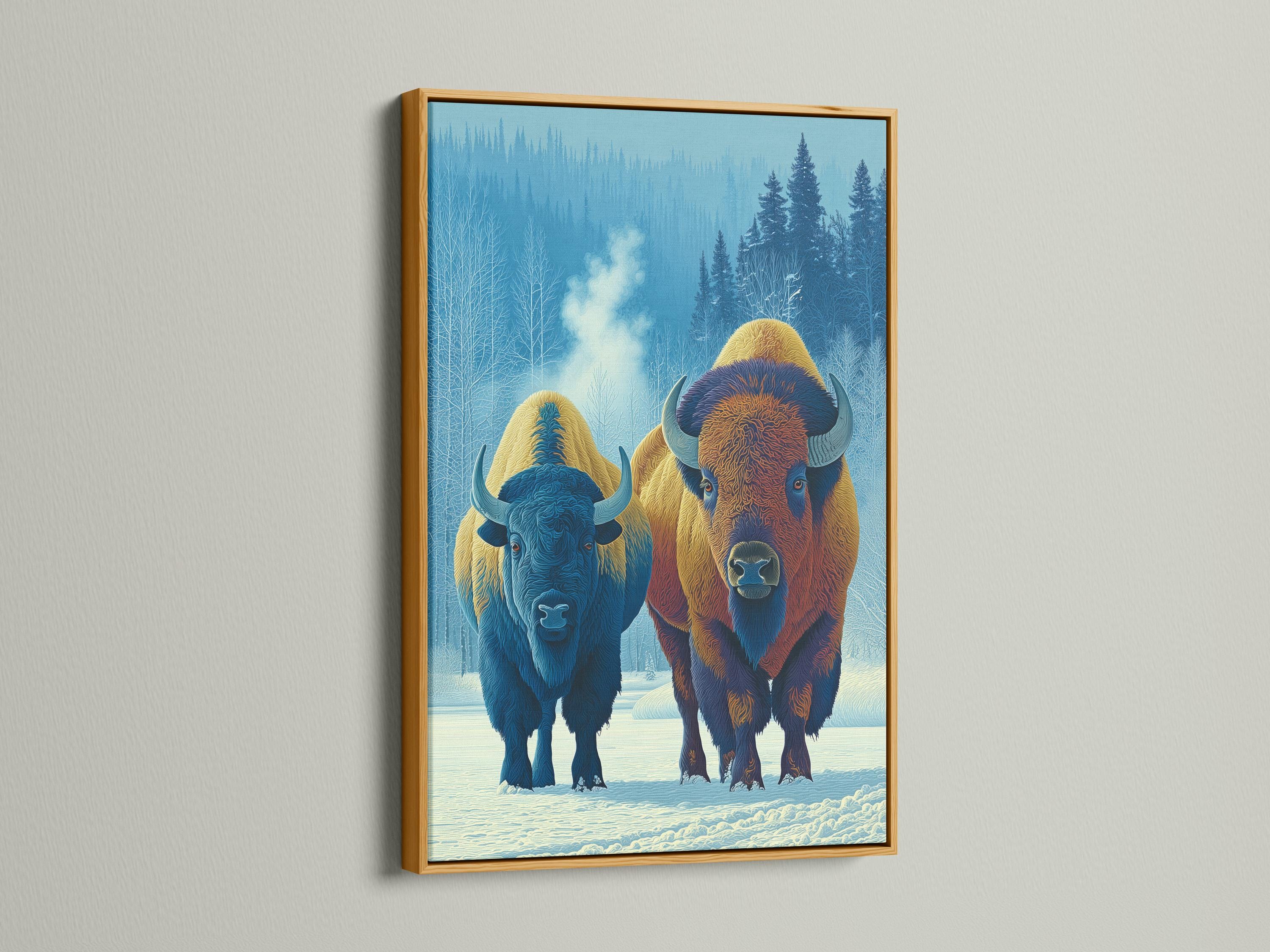 Two stylised bison in a snowy forest scene with cool blue trees and warm fur tones detail view