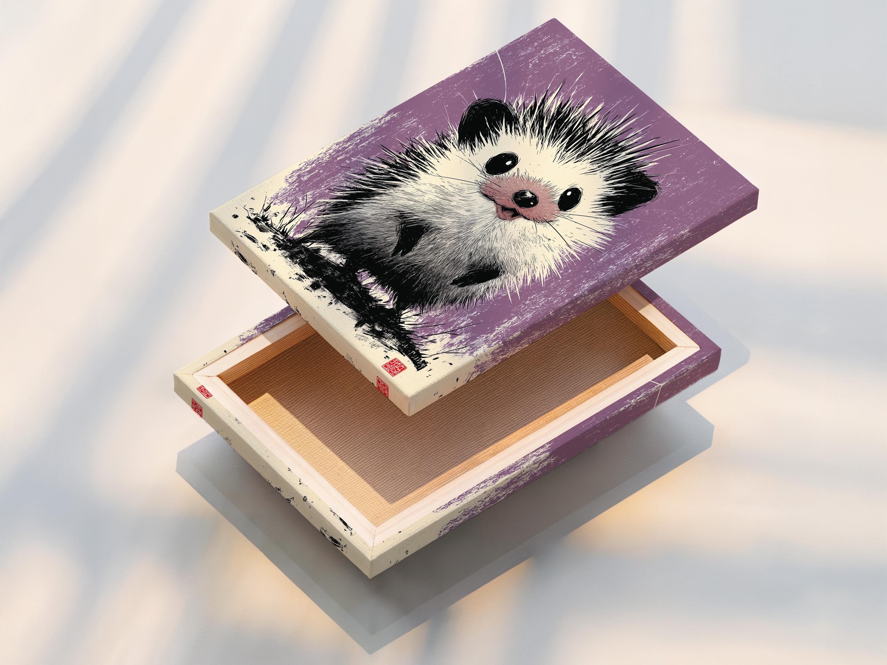 Hedgehog illustration in black and white on a textured lilac-purple background detail view