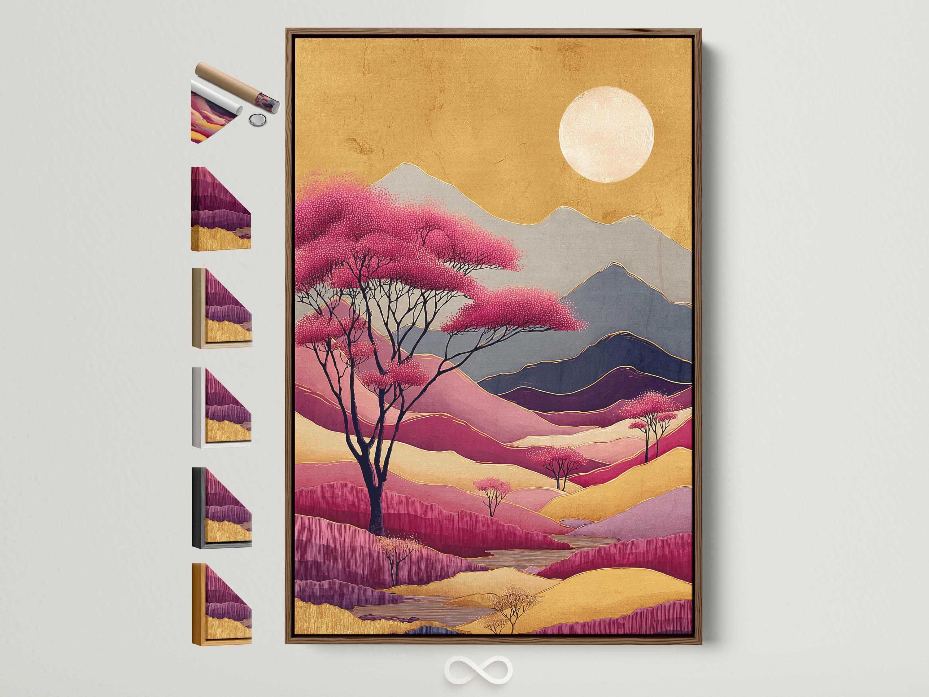 Painterly mountain landscape with blush-pink blossom trees, layered ridges and a pale moon in warm gold tones detail view