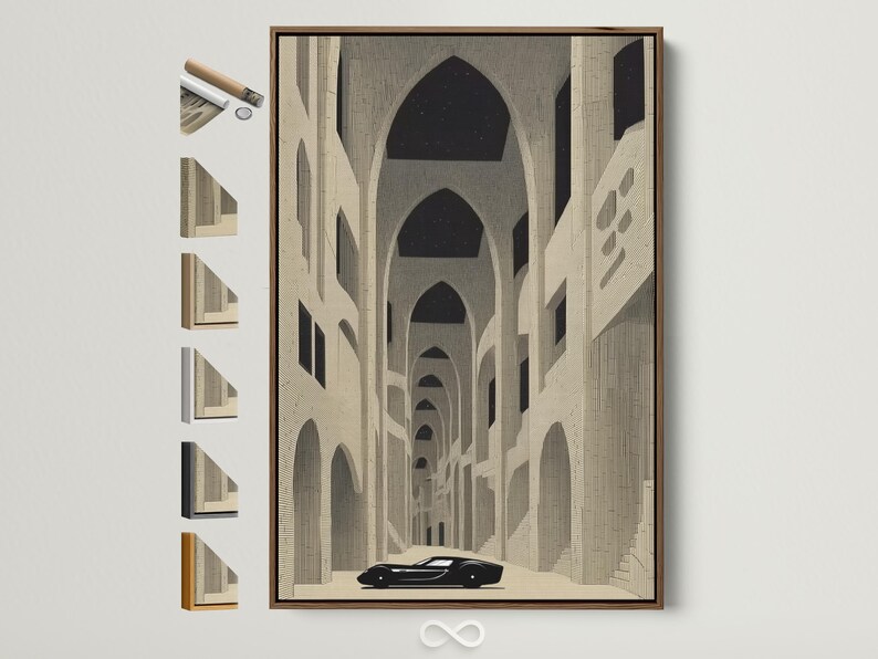 Beige architecture scene with repeating arches and a dark car silhouette in the centre foreground