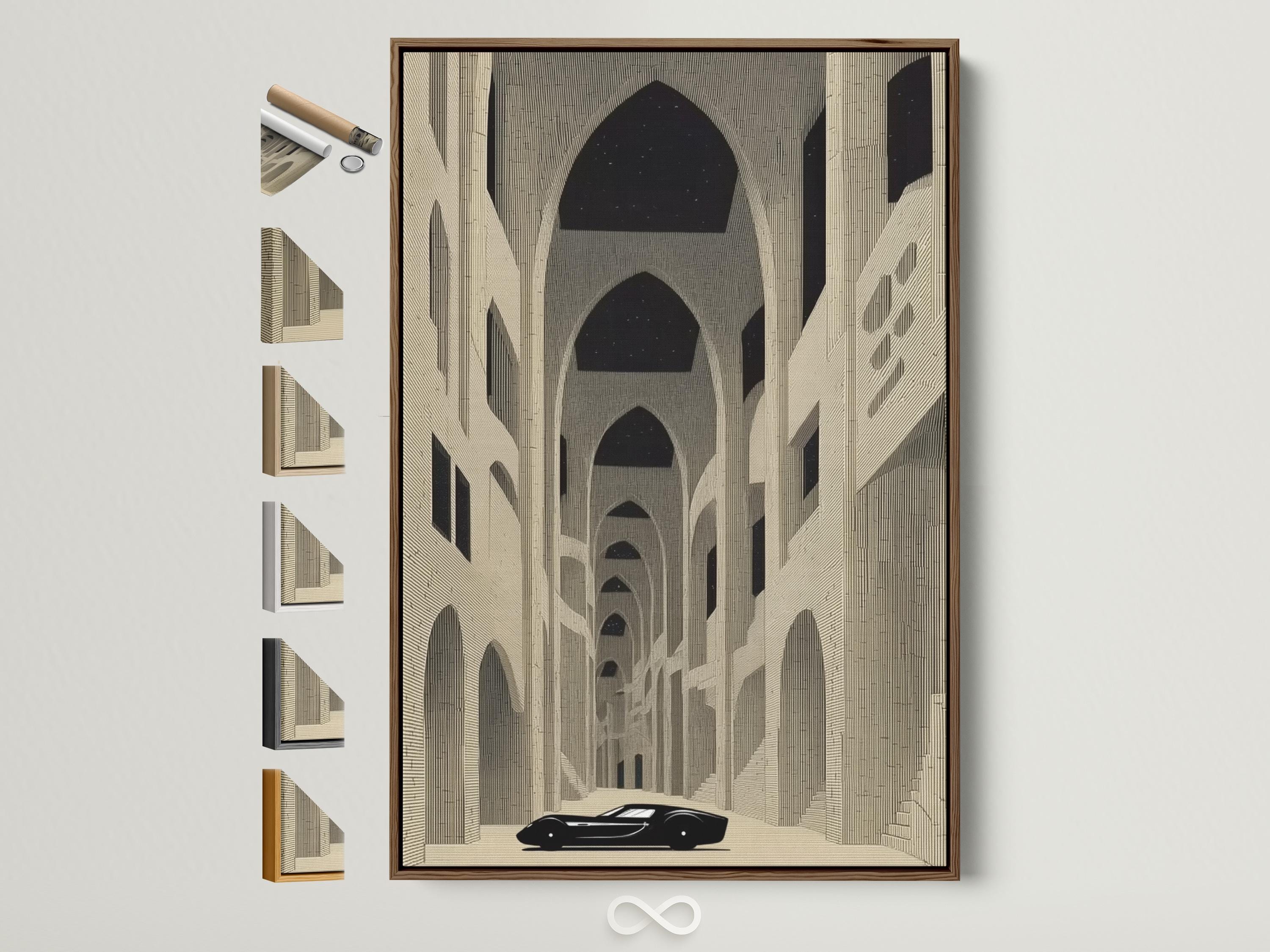 Beige architecture scene with repeating arches and a dark car silhouette in the centre foreground