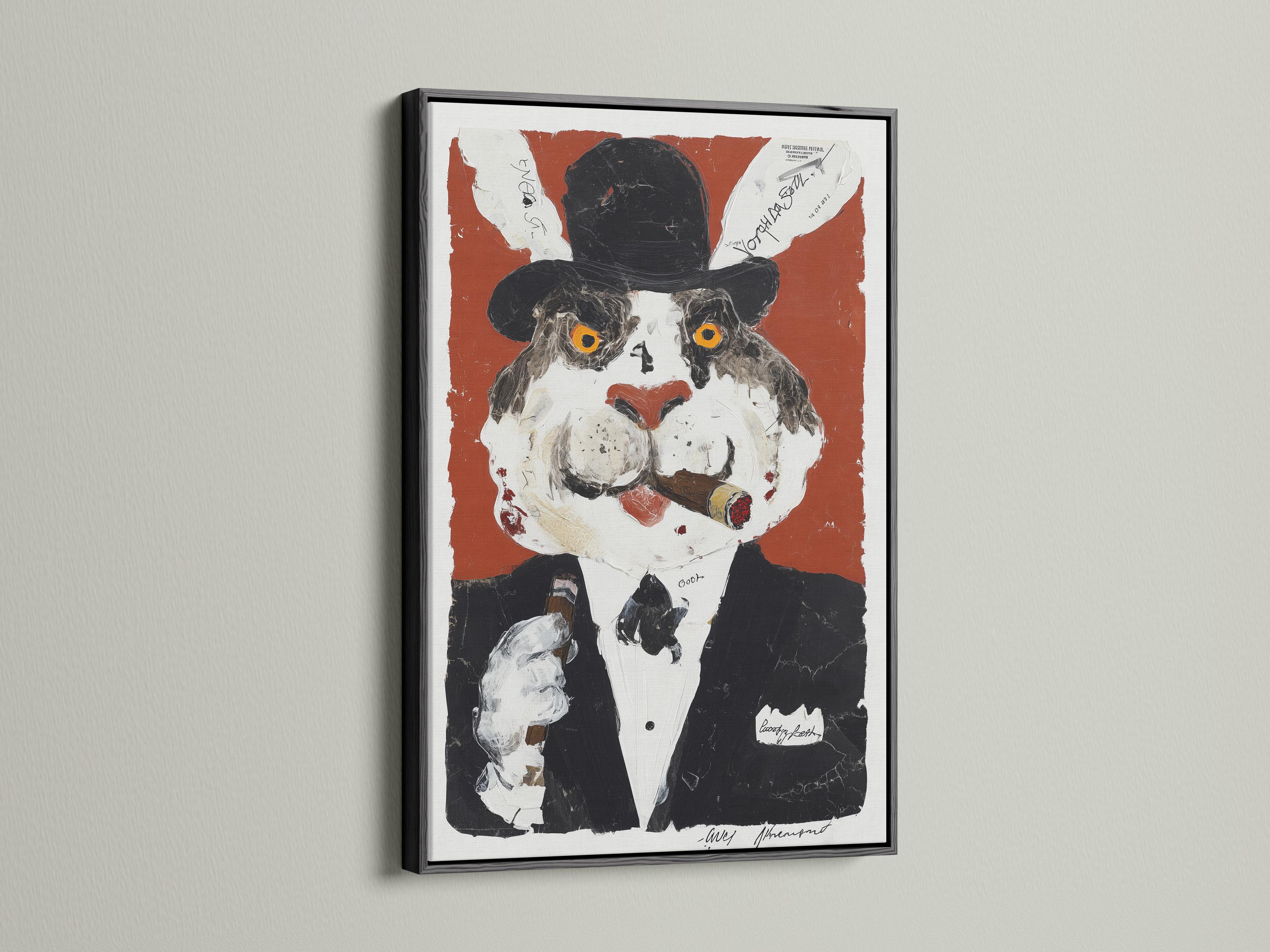 Room mockup showing a framed rabbit gentleman portrait on a wall