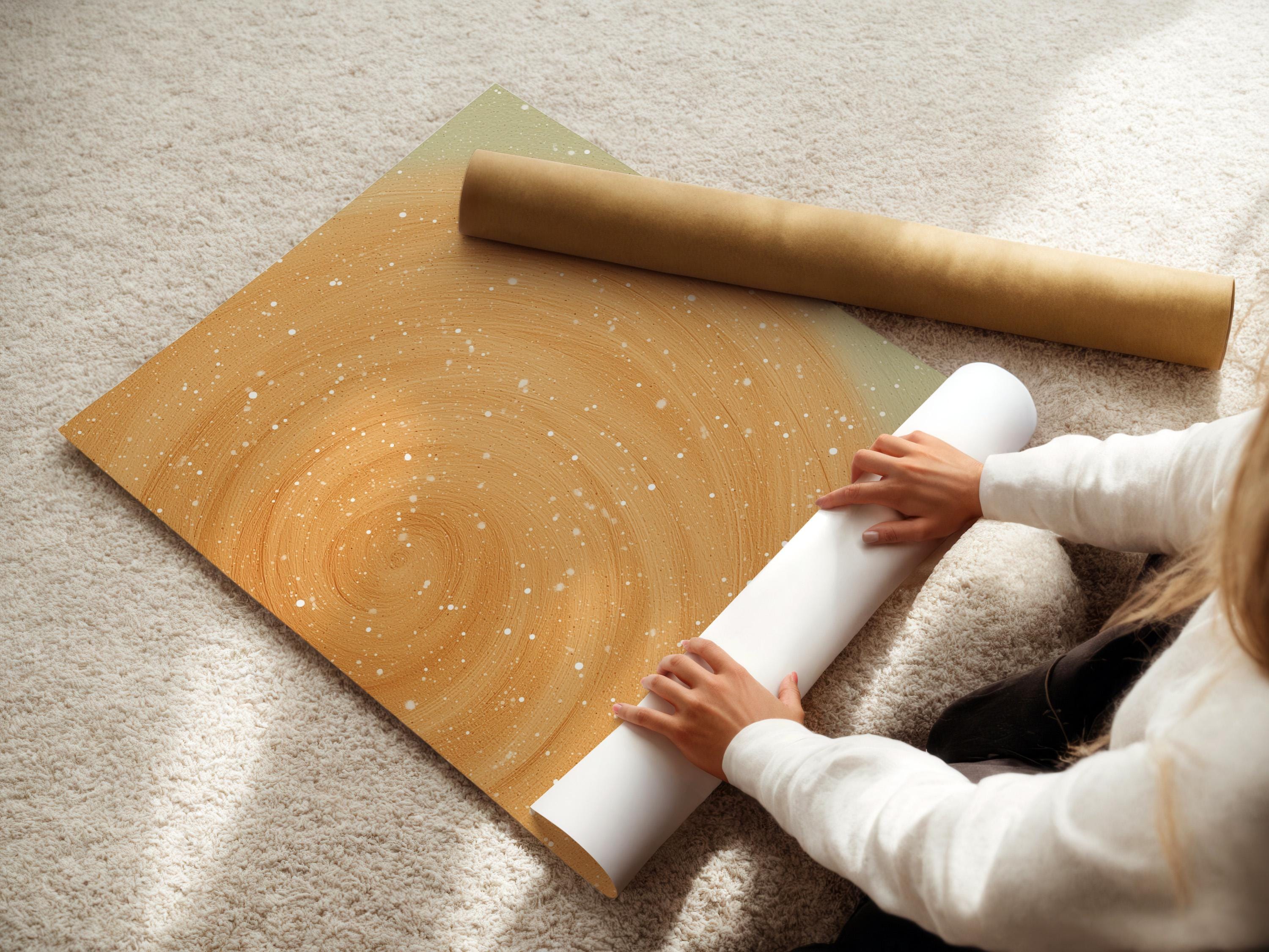 Beige abstract circular swirl with white speckles on a soft neutral background detail view