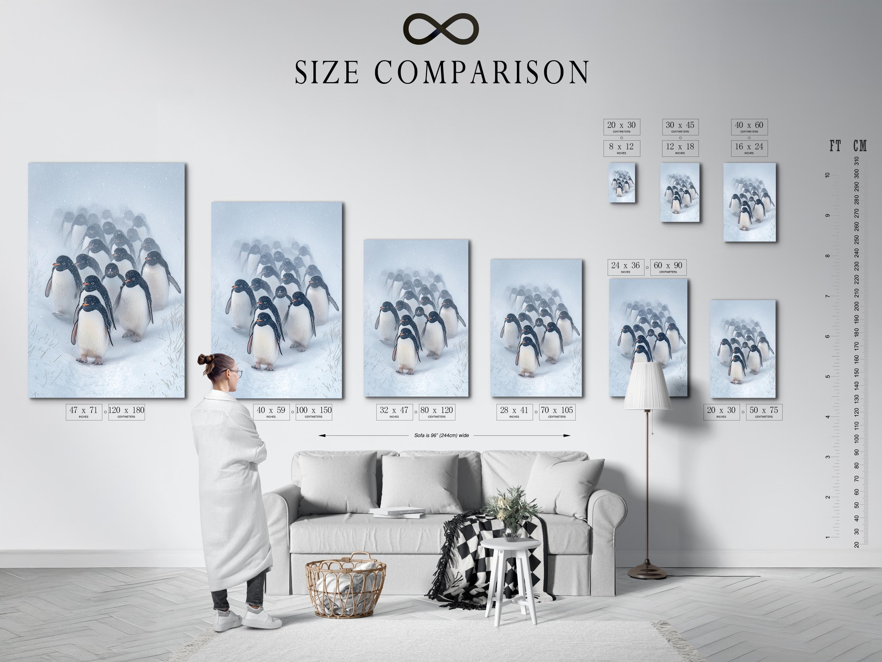 Penguin winter wall art shown in a framed mockup with snow background