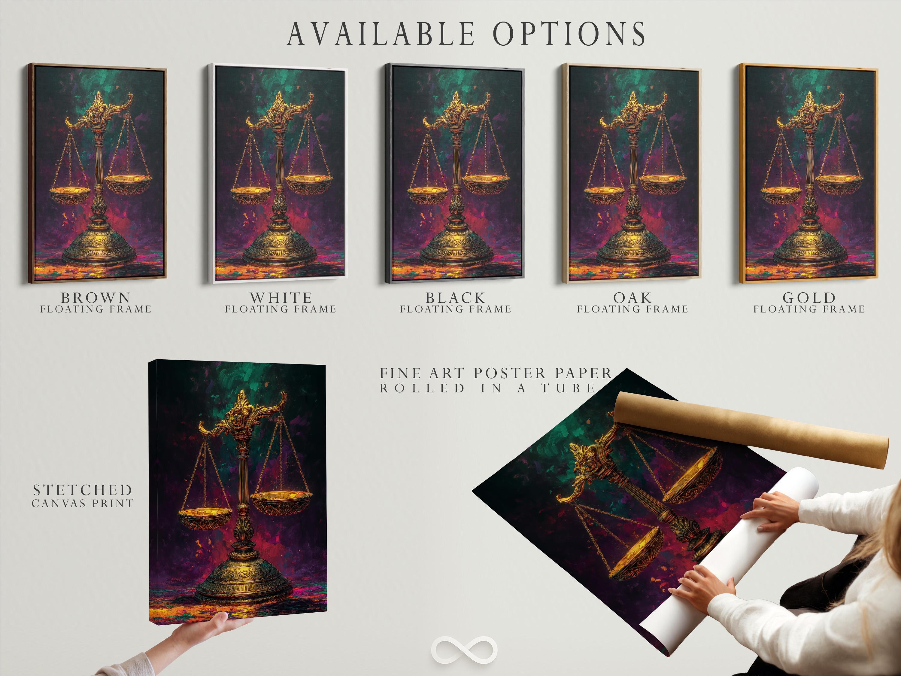 Framed artwork mockup showing ornate gold scales of justice against a smoky purple and green background