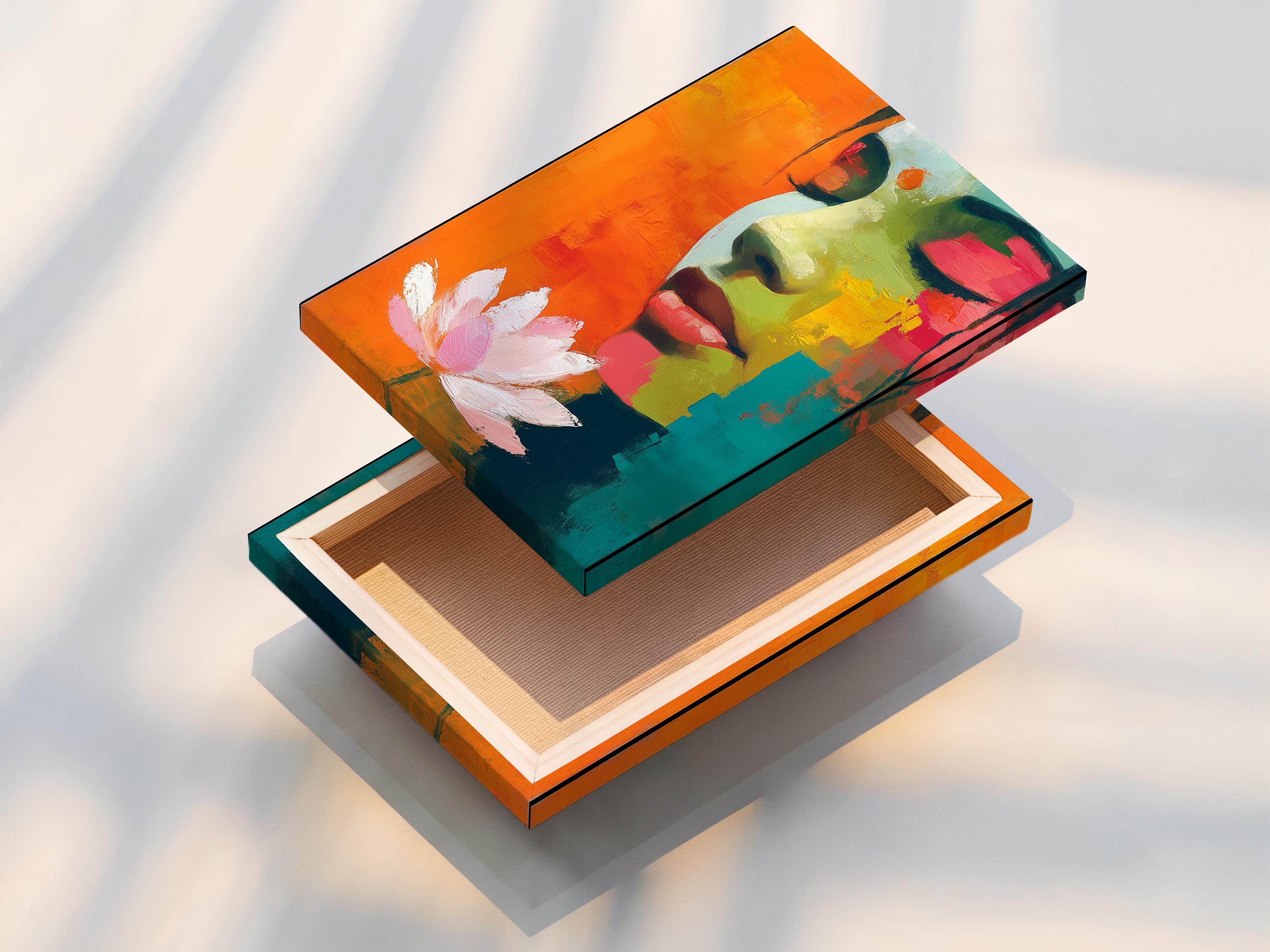 Abstract framed portrait of a woman profile with a lotus flower, shown in a room mockup with multiple frame options