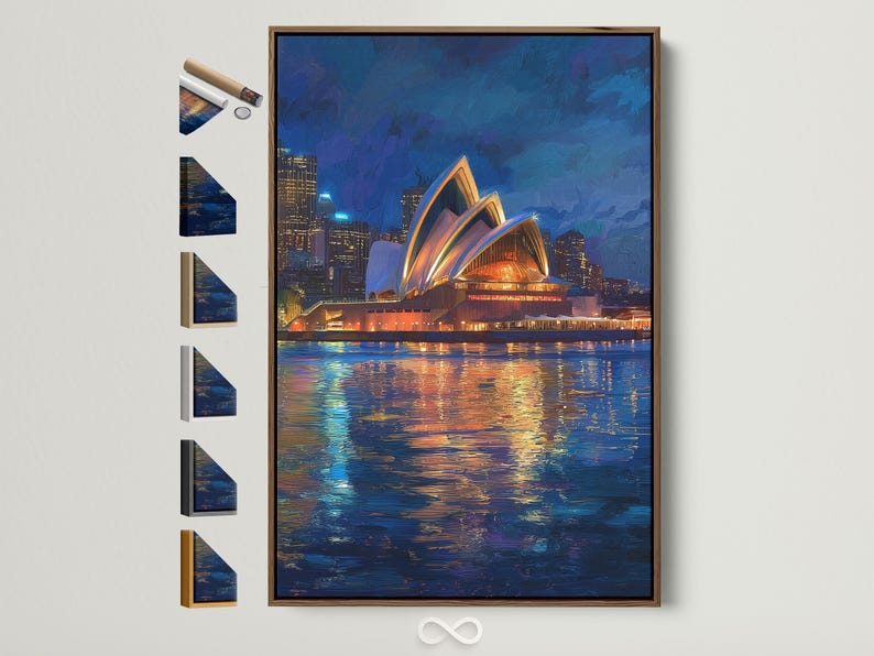 Night cityscape with a glowing sail-like building landmark and reflections on dark water