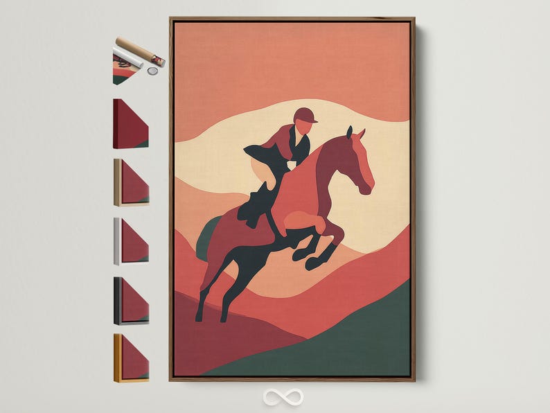 Stylised horse and rider running across warm terracotta dune shapes
