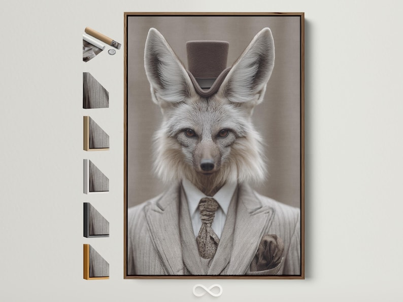 Portrait of a grey fox dressed as a gentleman with upright ears, suit collar and bow tie