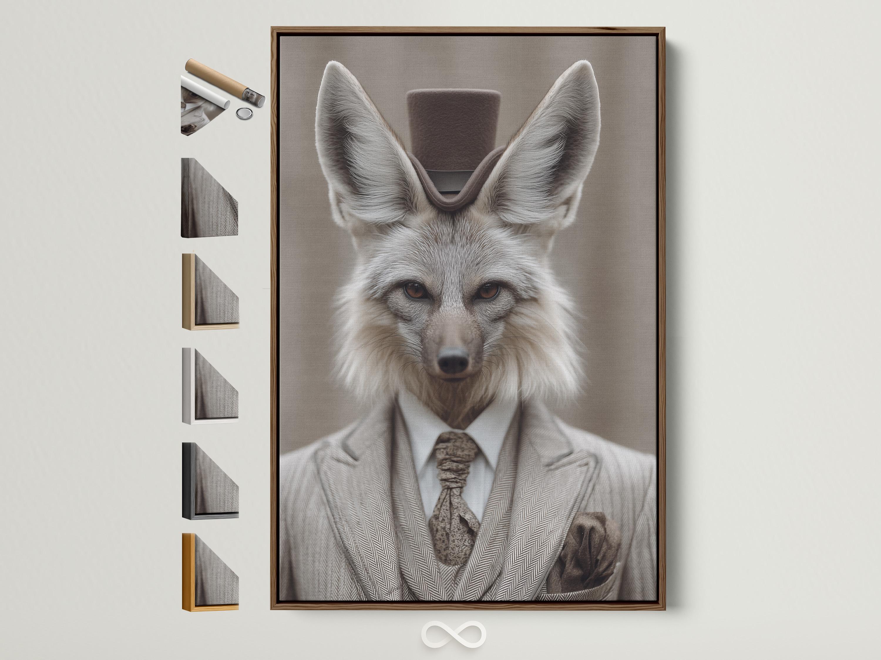 Portrait of a grey fox dressed as a gentleman with upright ears, suit collar and bow tie