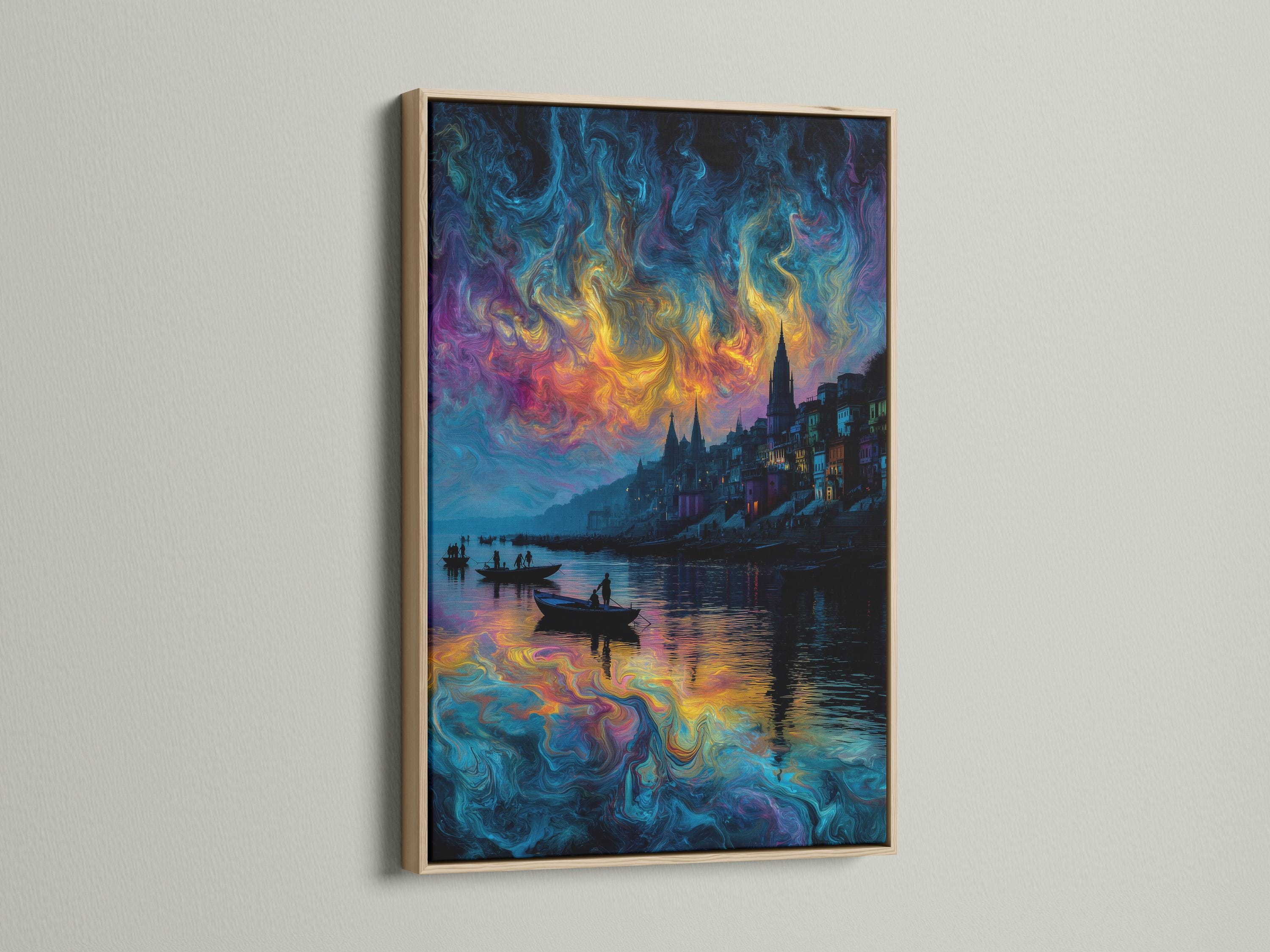 Swirling abstract city skyline with bright colours reflecting on the water and dark boats detail view