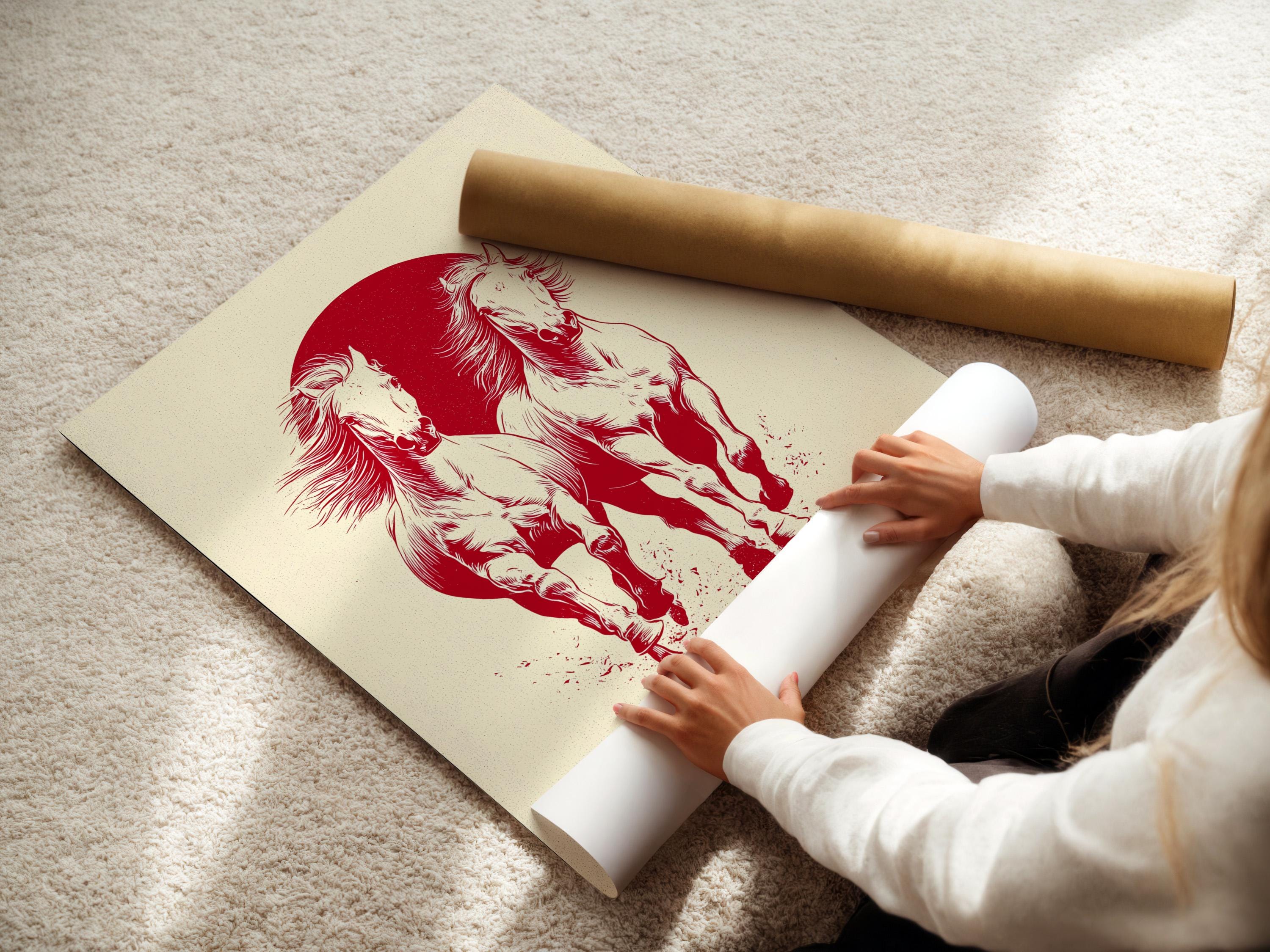 Wall mockup showing a framed artwork with two rearing horses in white against a red circle