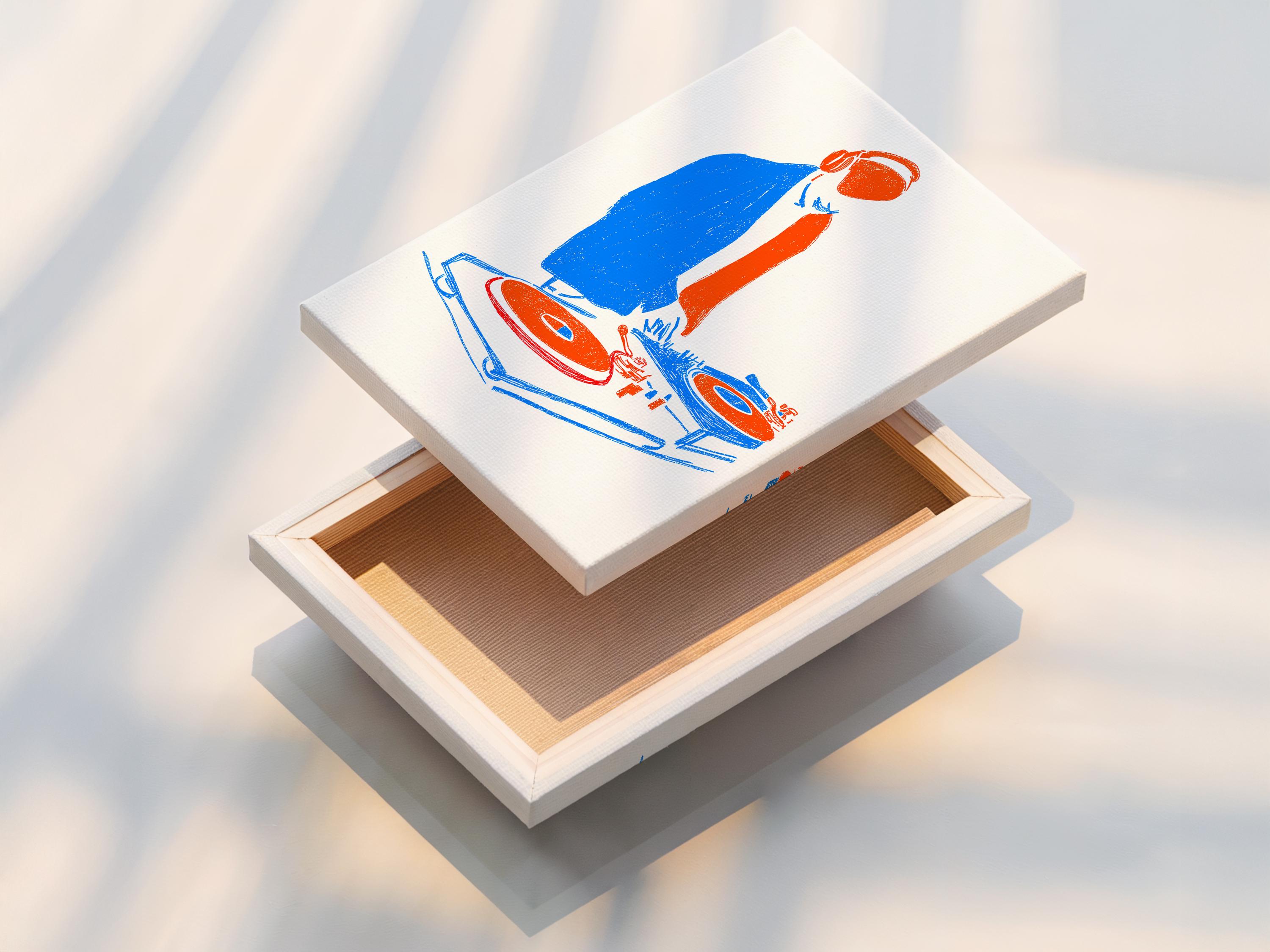 Room mockup showing a framed DJ turntable illustration in blue and orange tones