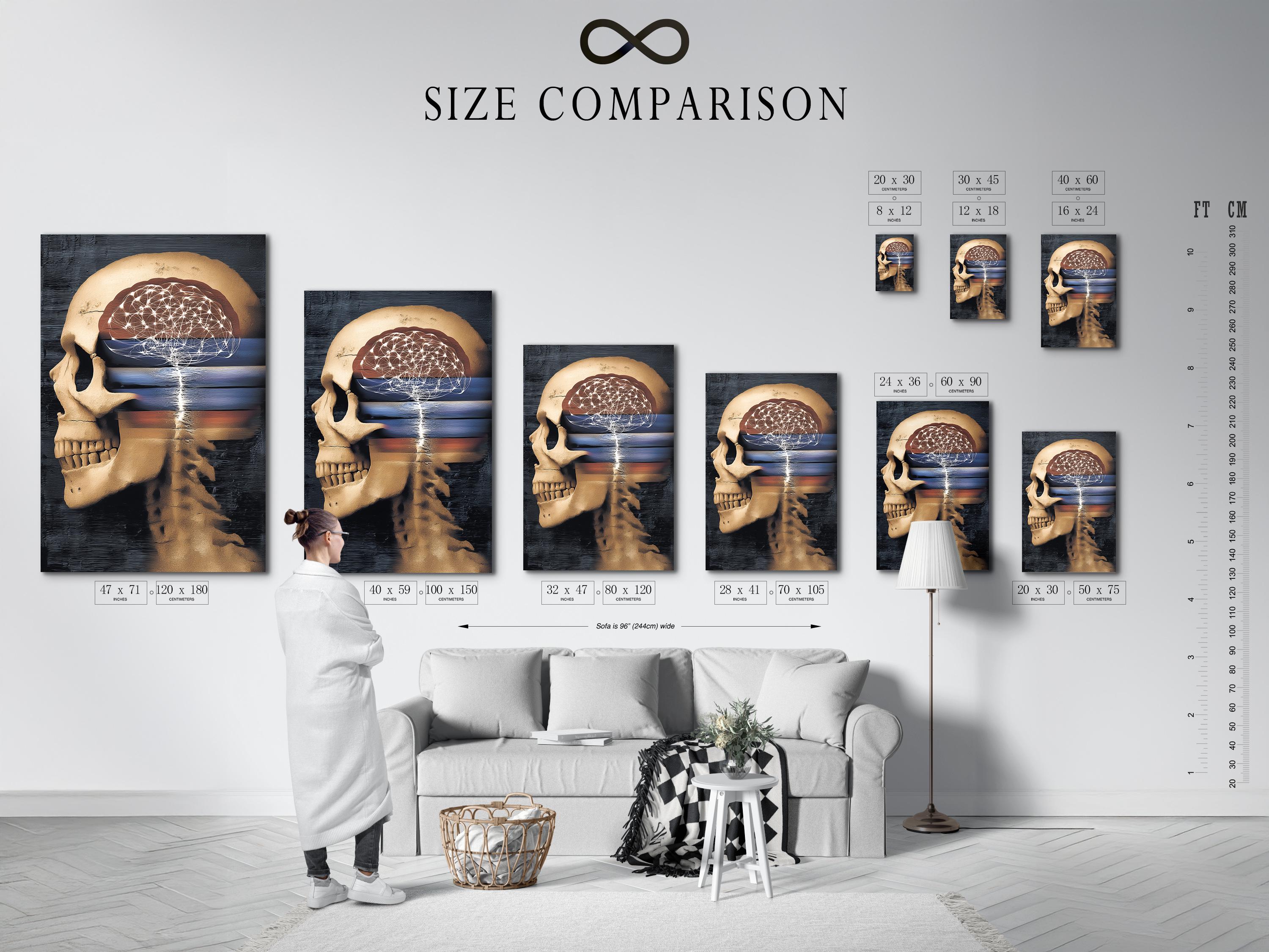 Wall mockup showing anatomical skull artwork with glowing neural lines