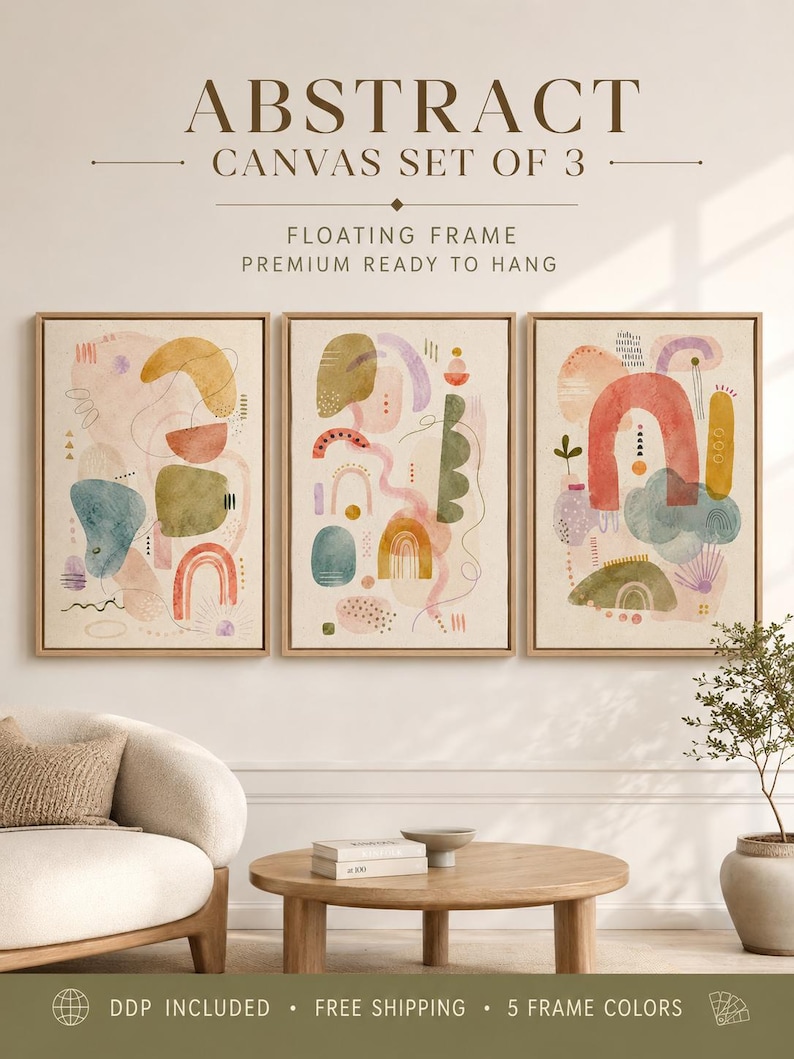 Three pastel abstract panels show organic geometric shapes, doodle-like lines and dots arranged in collage-style compositions within light cream