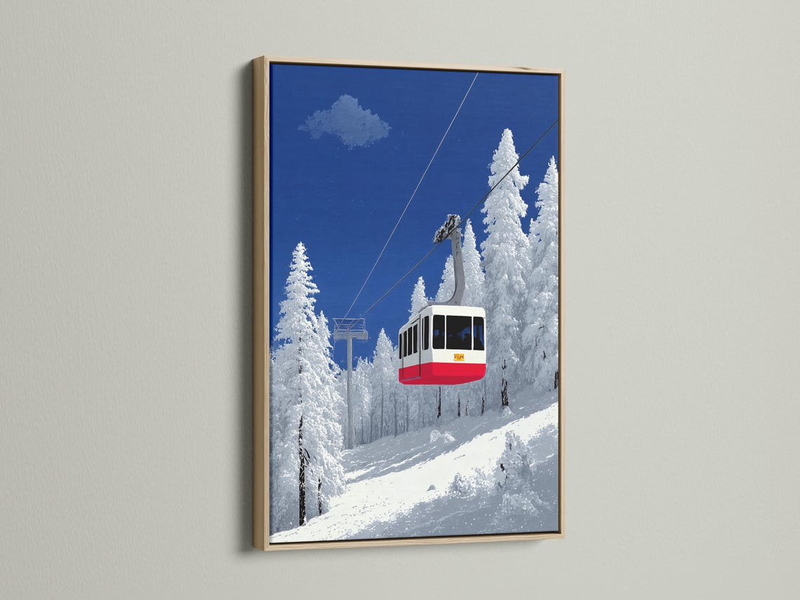 Snowy mountain cable car scene with diagonal cables, deep blue sky, pine trees and a red gondola detail view