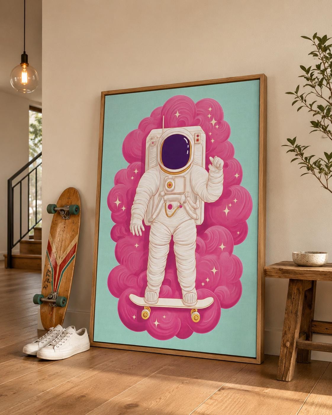 Cartoon astronaut standing on a skateboard with a hot pink cloud swirl background detail view