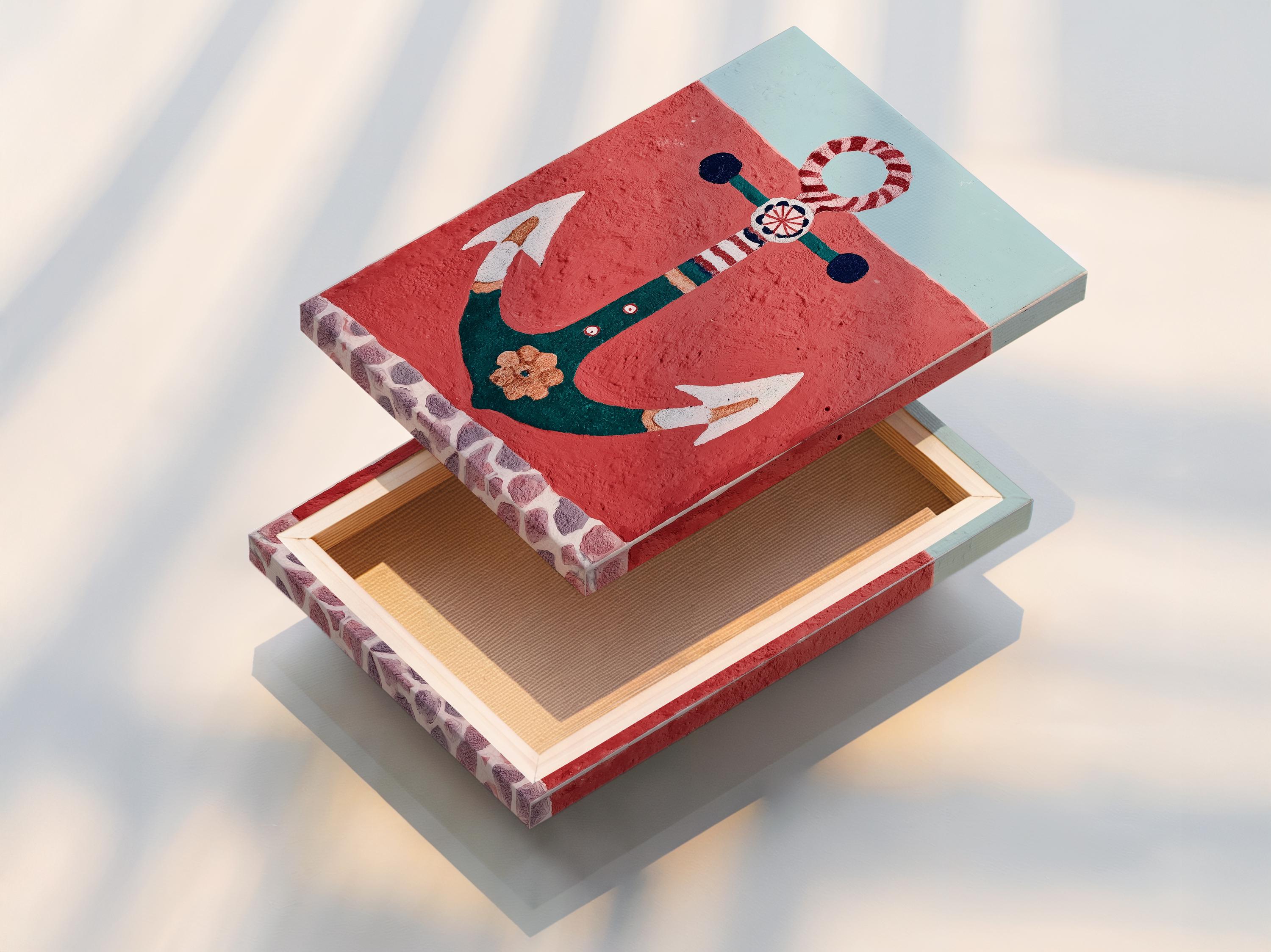 Illustrated nautical anchor with a red-and-white lifebuoy ring on a textured red background detail view