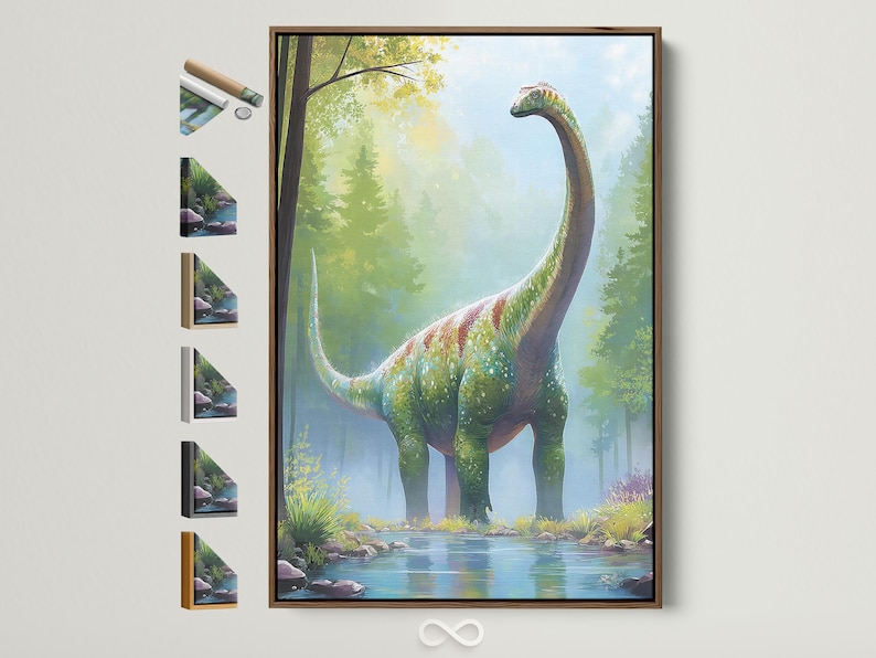 Green dinosaur standing in a sunlit forest beside a calm river