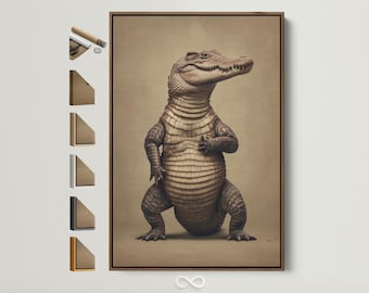 Vintage Alligator Canvas Art - Sepia Reptile Wall Print, Brown Animal Wall Decor for Rustic Office, Study, Man Cave, Library Wall Decor