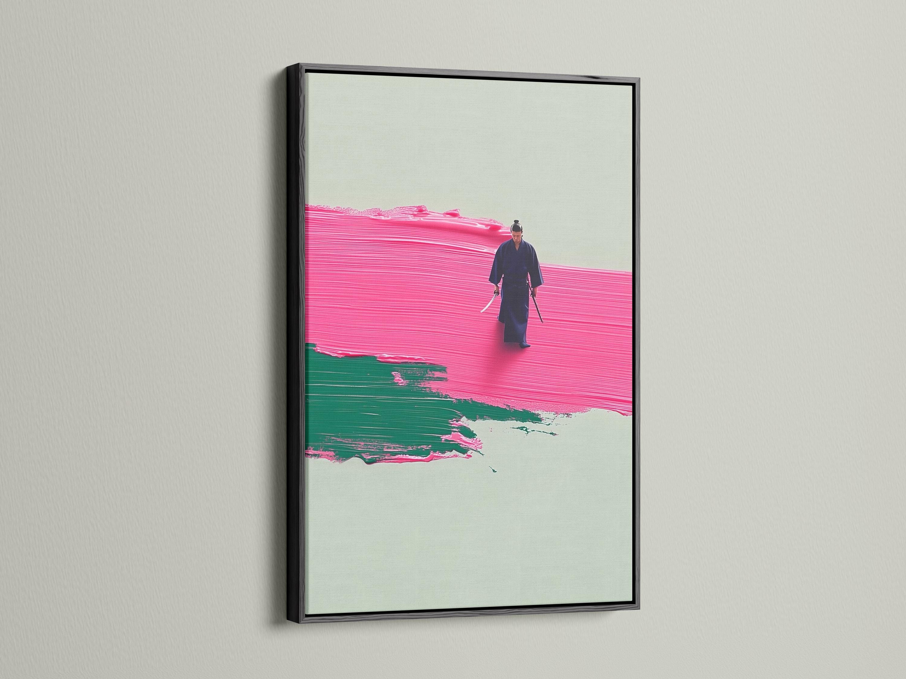 A stylised warrior figure walking across hot pink and emerald green textured bands on a pale background detail view