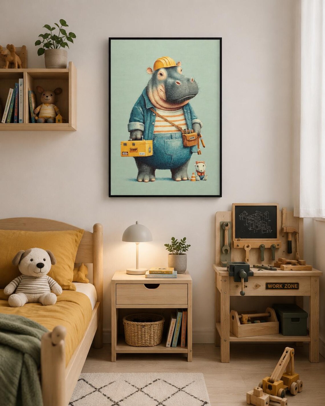 A family sitting on a bed looking at a framed hippo builder artwork above a shelf