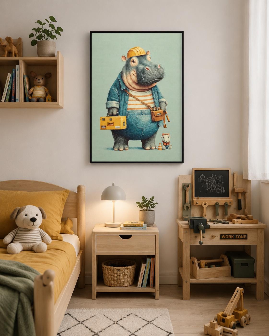 A family sitting on a bed looking at a framed hippo builder artwork above a shelf