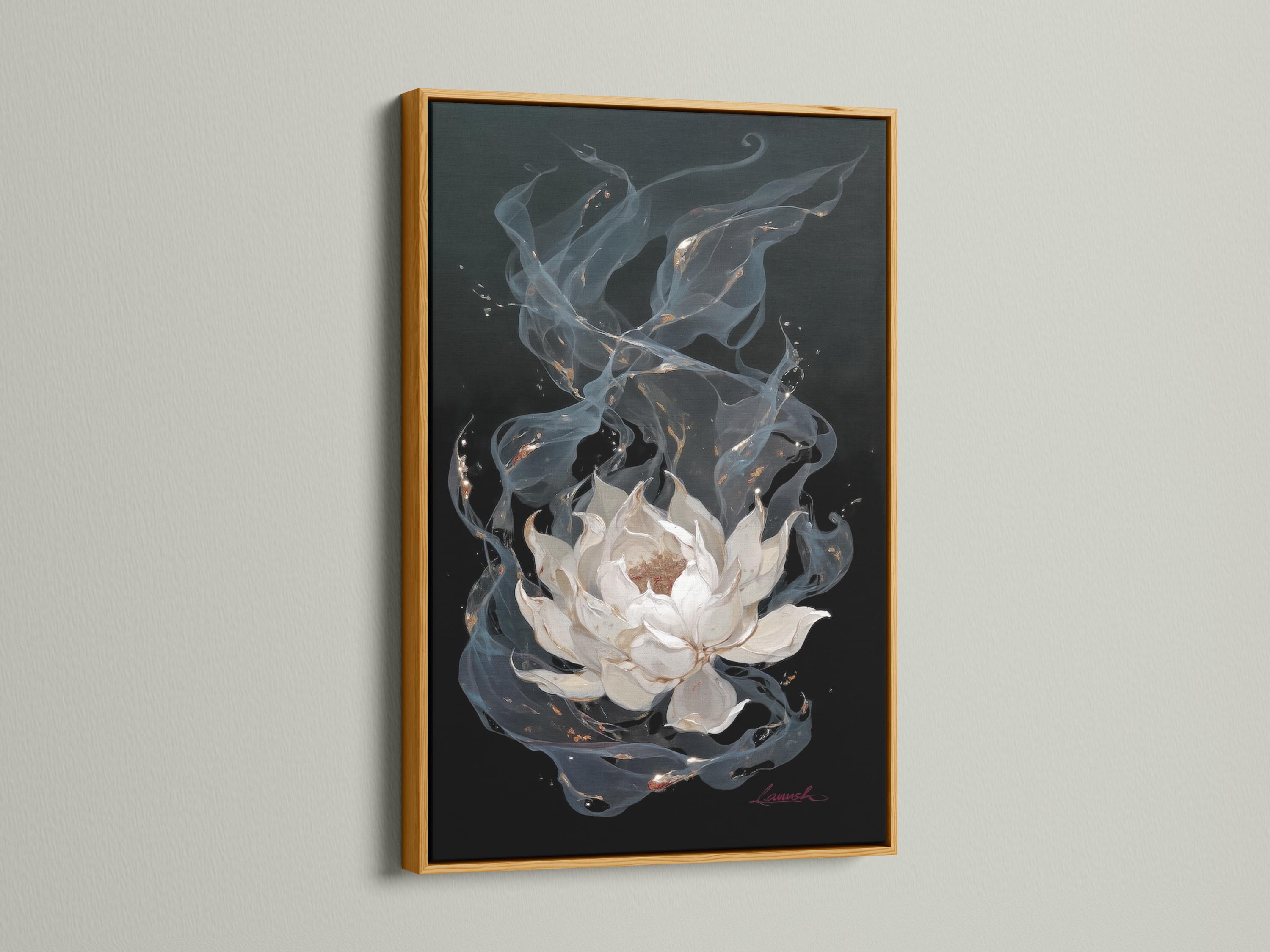 Painterly white lotus flower with swirling blue-grey petals and gold flecks on a dark background detail view