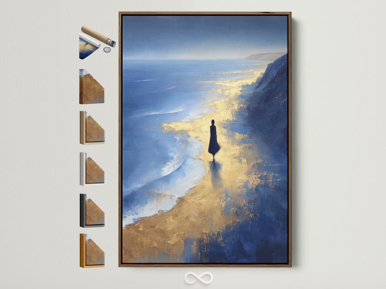 Painterly navy blue seascape with gold reflections and a dark human silhouette near the shoreline