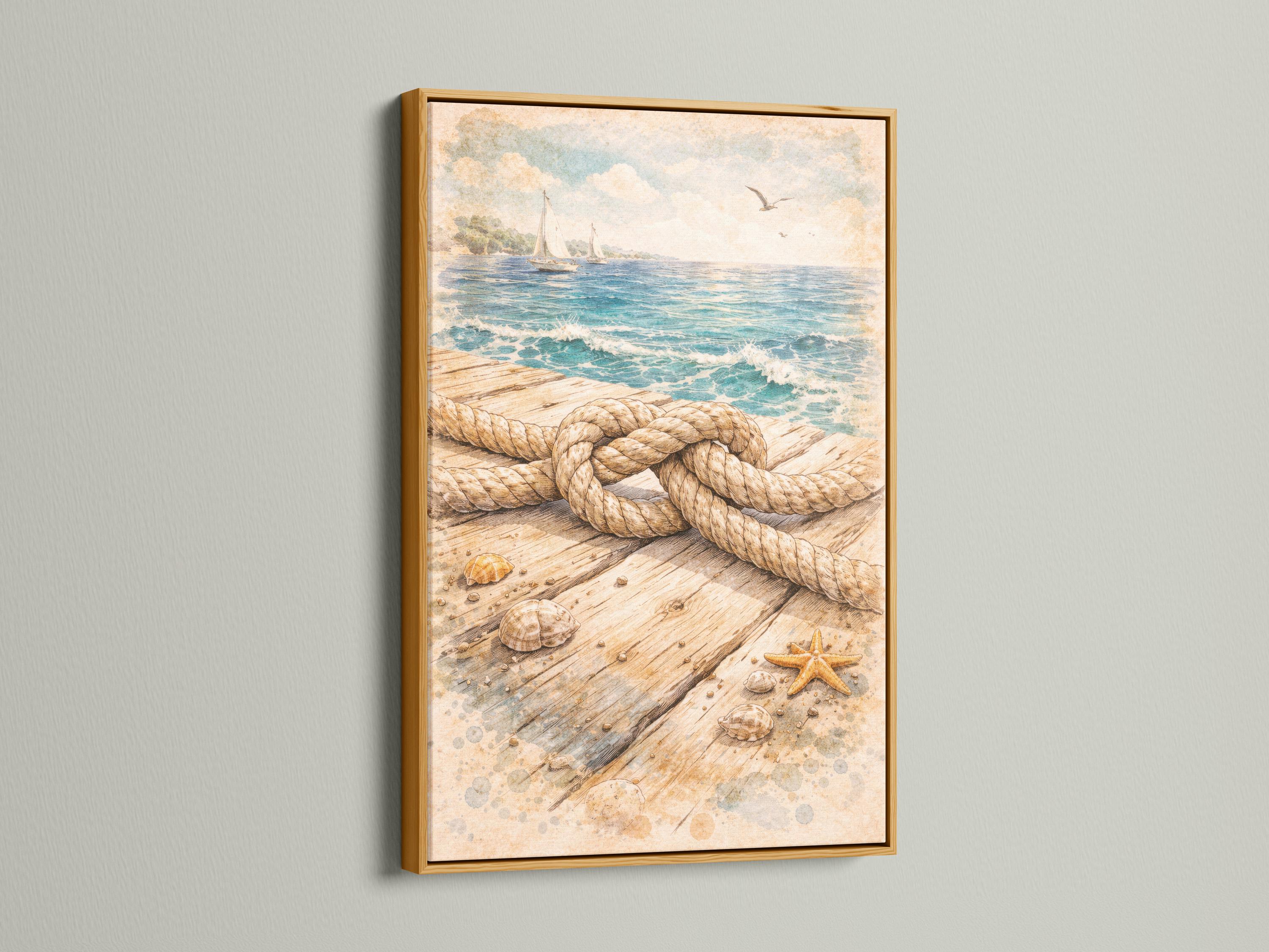 Nautical rope knot on a weathered dock with seashells, starfish, and sailboats on the ocean detail view