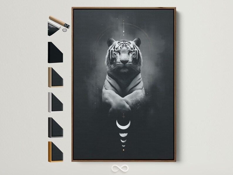 Black and white tiger portrait with crescent moons and a circular halo on a dark background