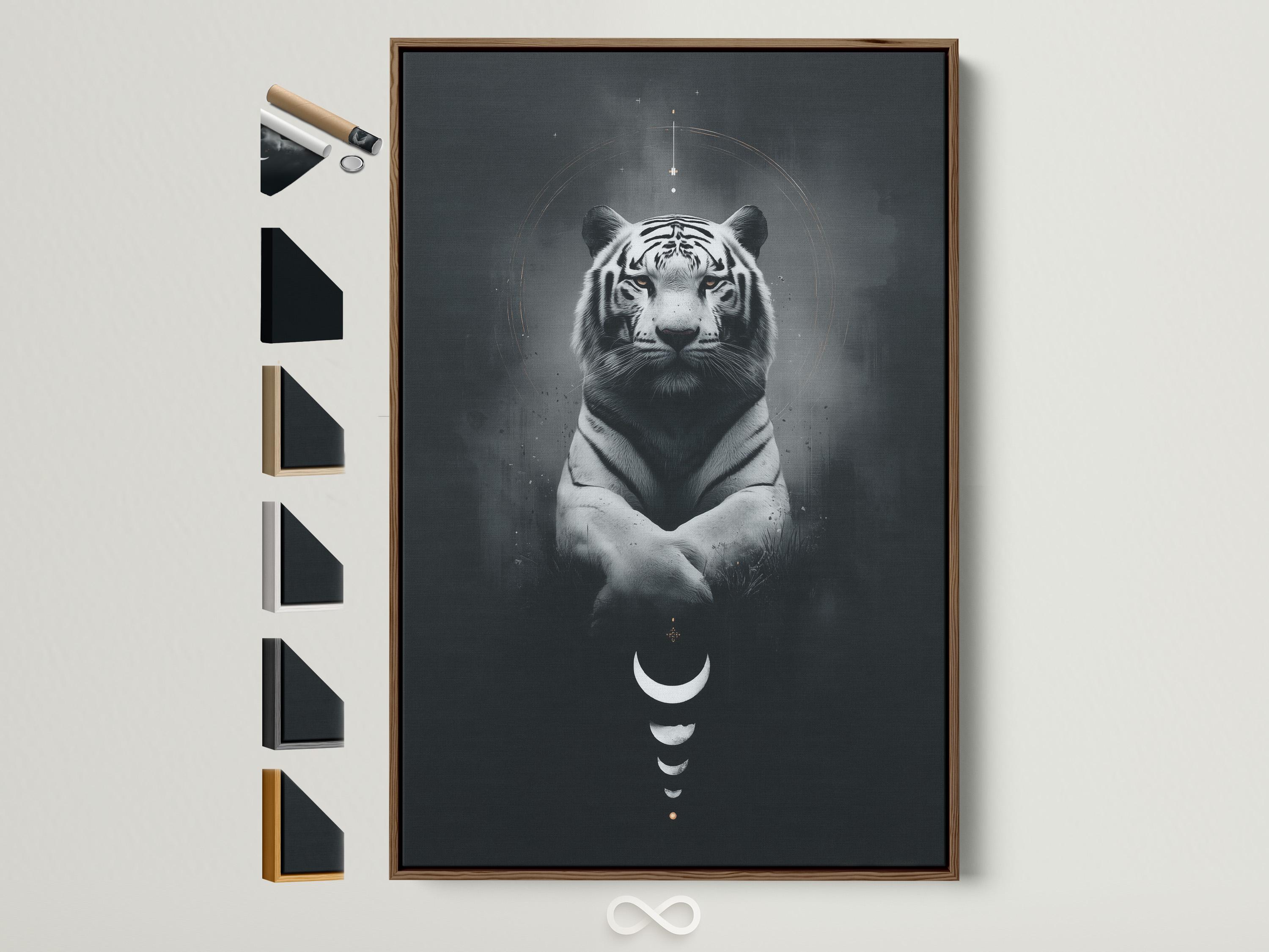 Black and white tiger portrait with crescent moons and a circular halo on a dark background