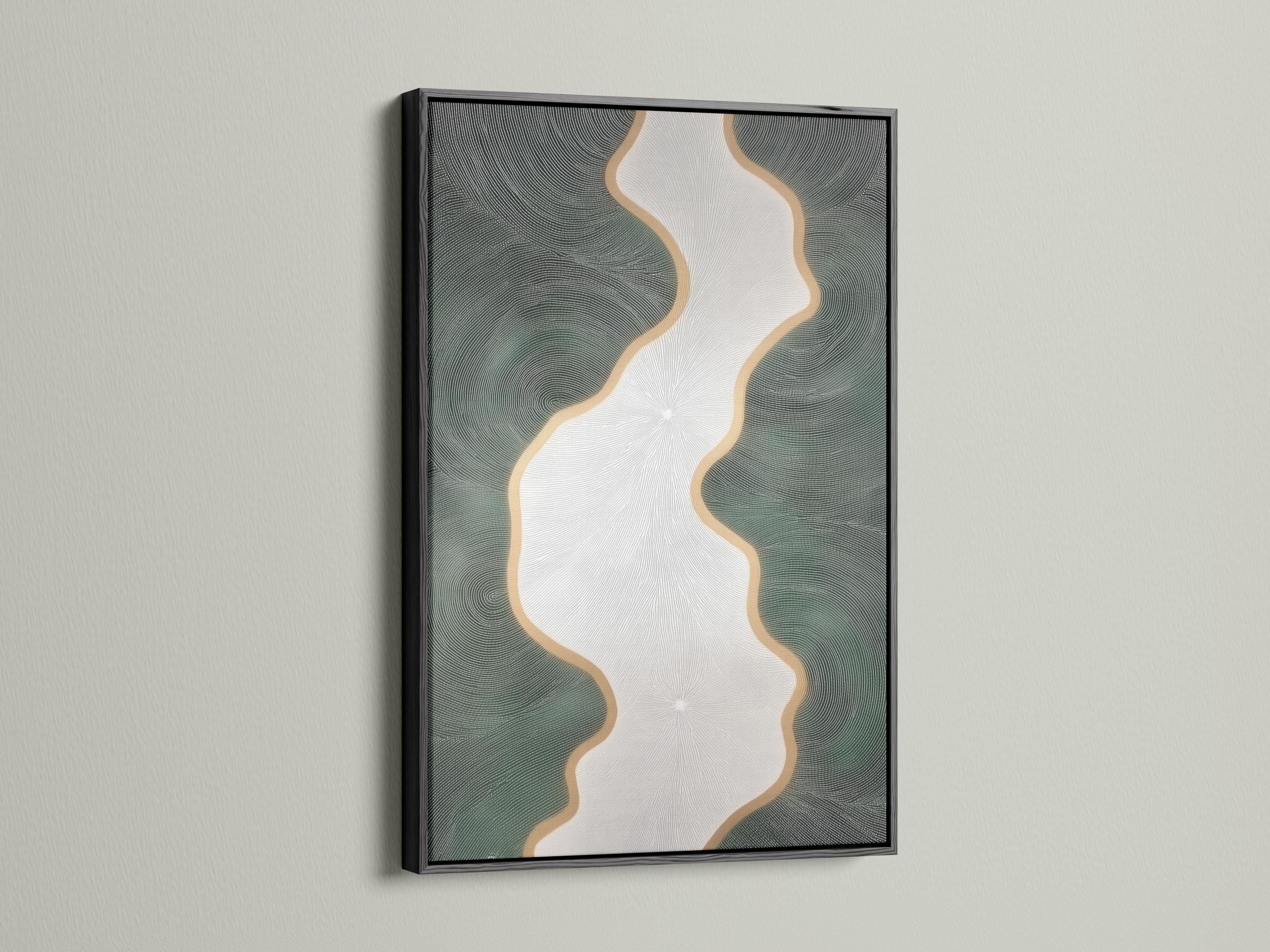 Minimalist abstract river flow artwork with ivory channel and sage-green ripple texture detail view