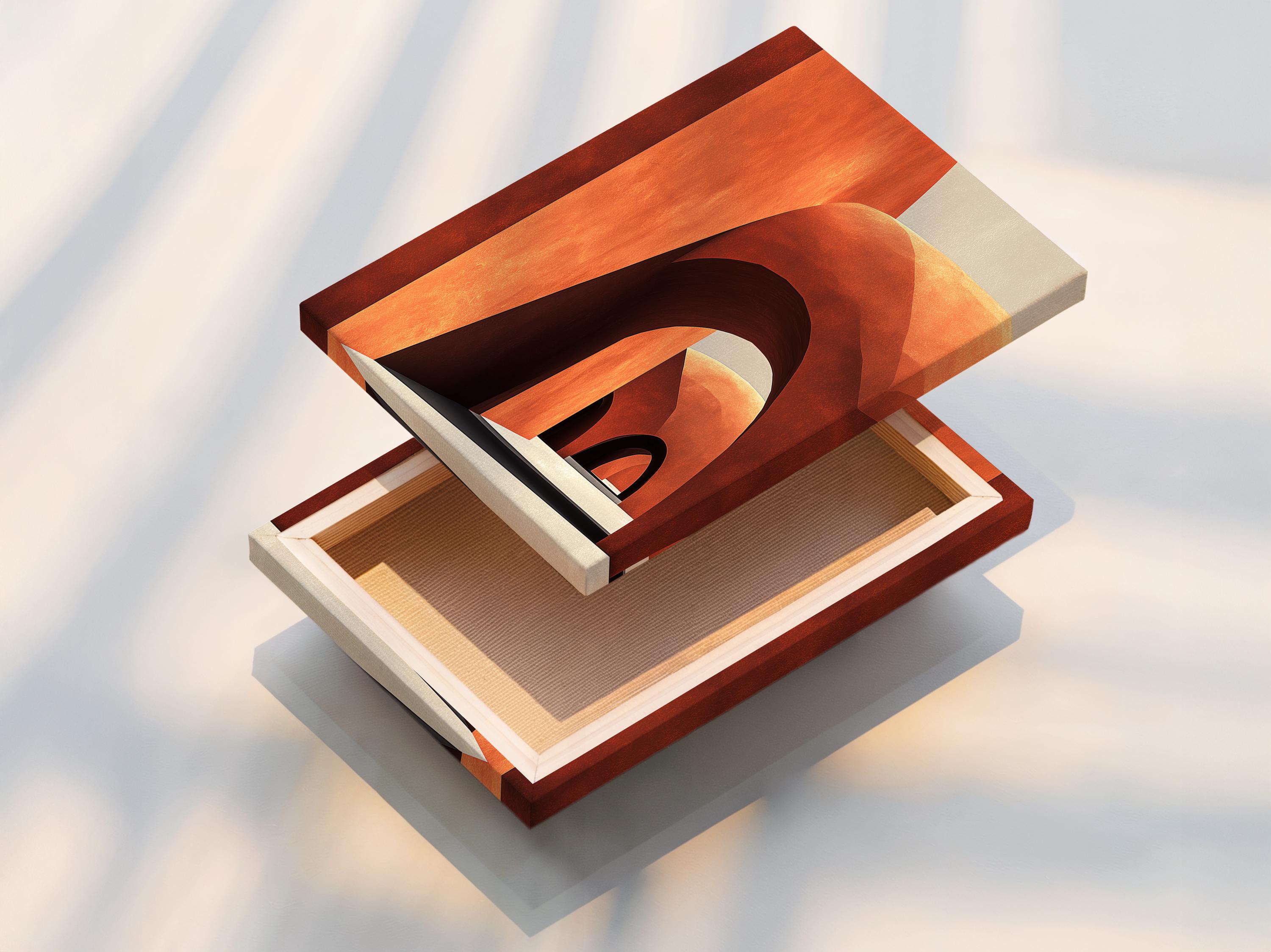 Abstract geometric archway artwork in terracotta, cream and dark outlines detail view