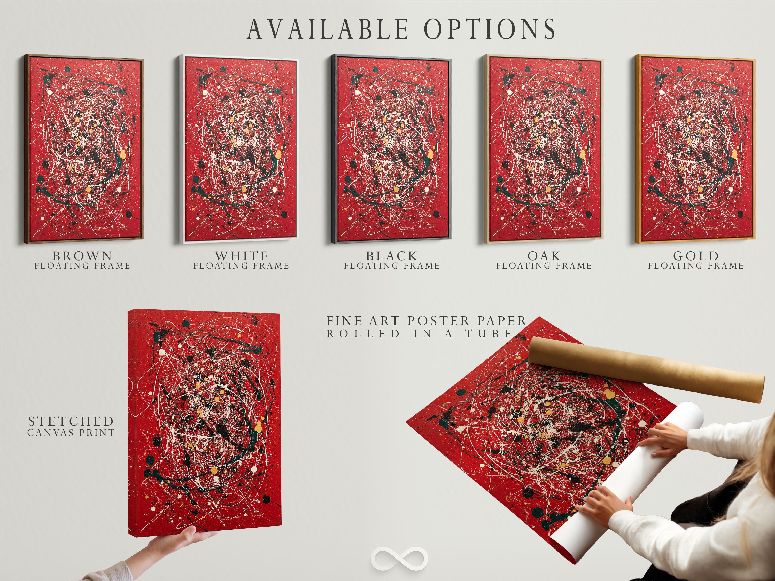 Red abstract artwork with white splatter lines, black and green shapes, and gold dots detail view