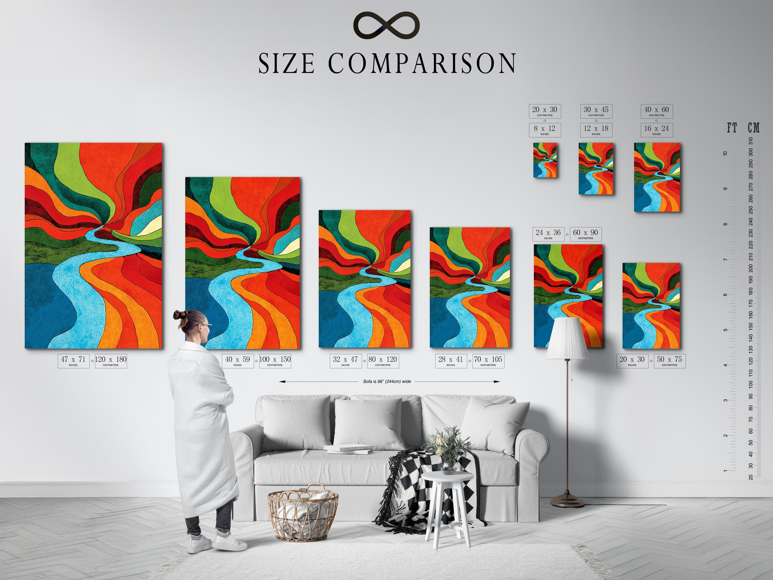 Retro abstract river artwork with bright blue water and vivid red, orange, green and teal bands detail view